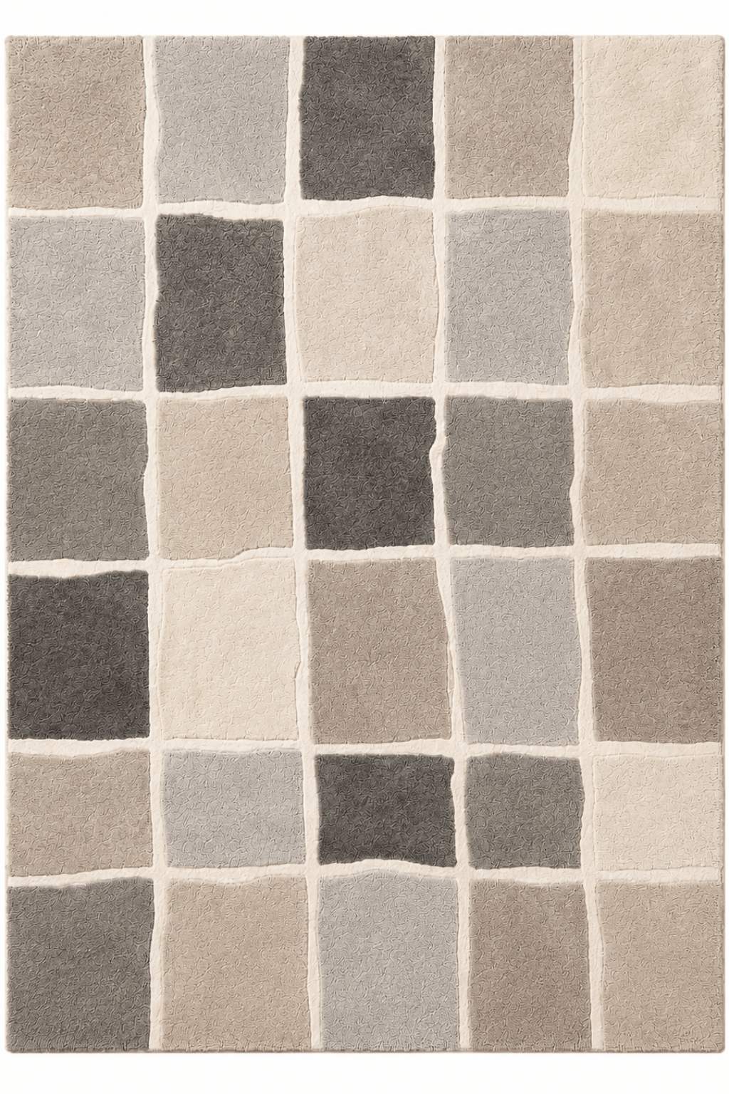 modern monochrome mosaic rug featuring geometric patterns in shades of ivory, ash grey, and taupe.