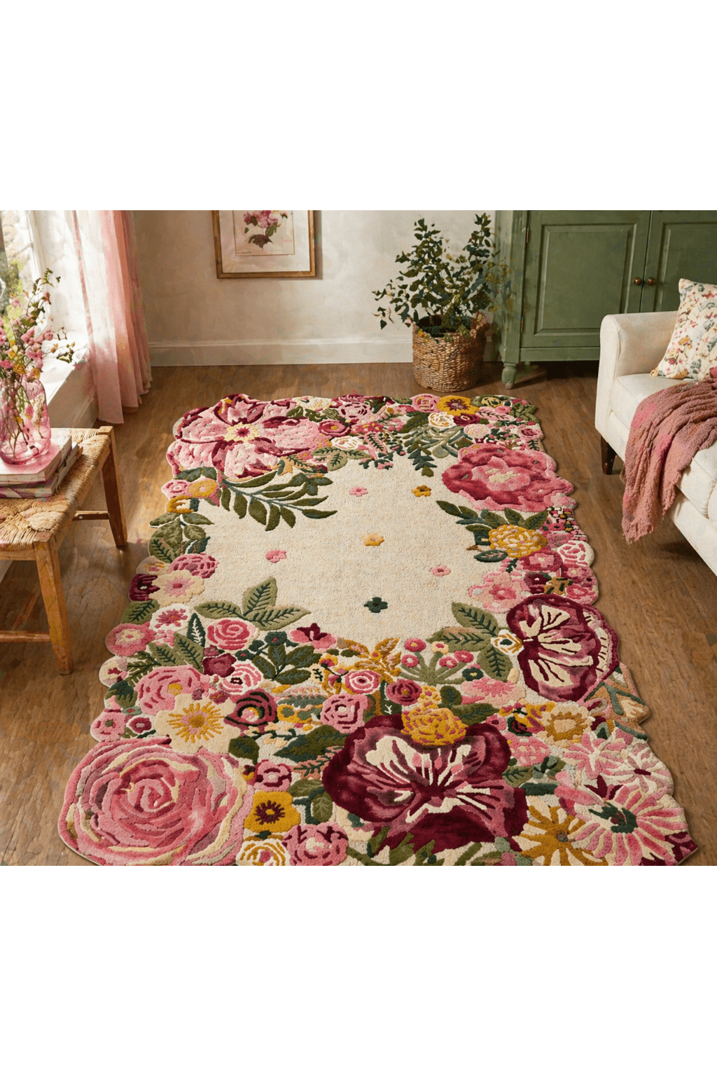 Blush Garden Hand-Tufted Wool Rug – Floral Sculpted Border Design