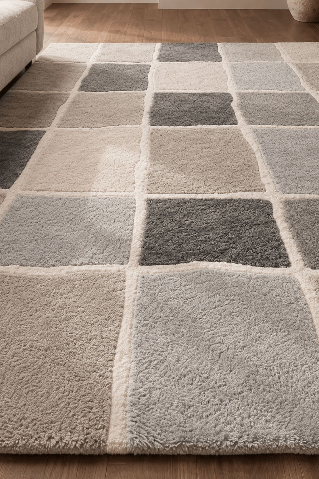 modern monochrome mosaic rug showcasing geometric patterns and artisan textures in soft wool.