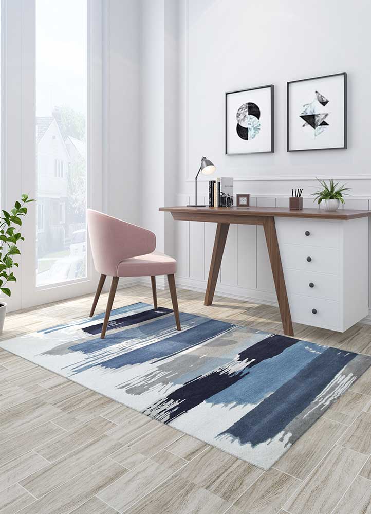 White & Dark Denim Abstract Hand-Tufted Rug