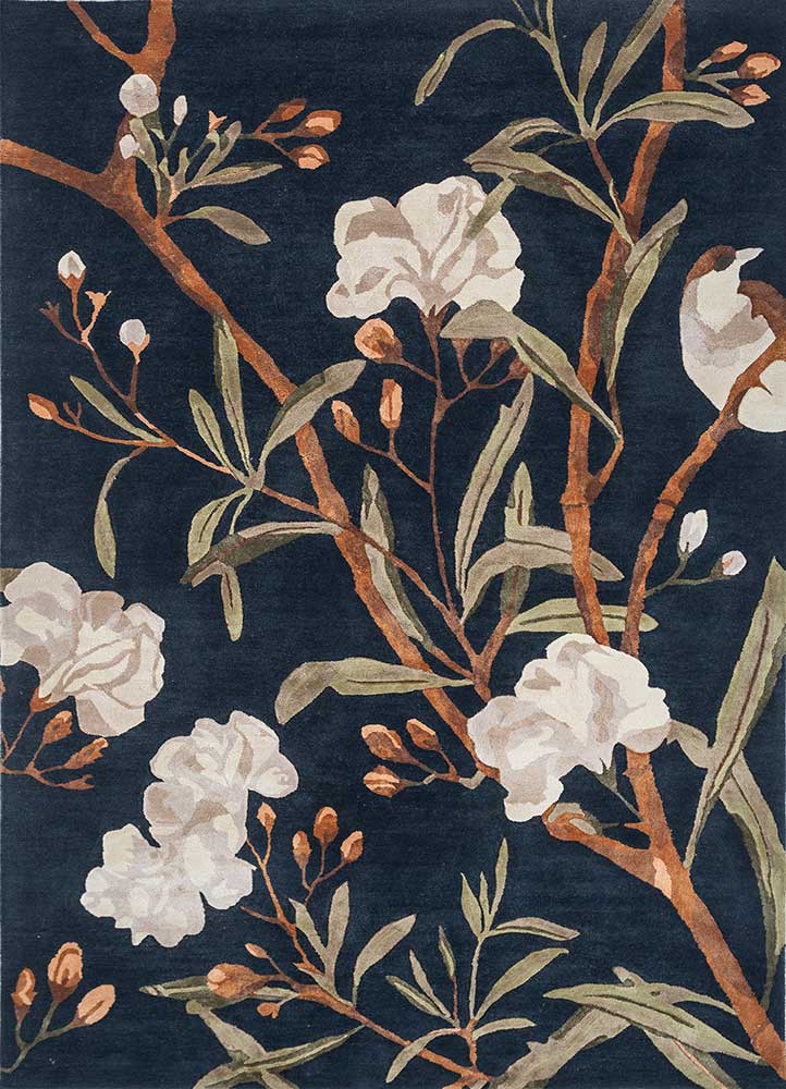 Navy & Leather Brown Floral Hand-Tufted Rug