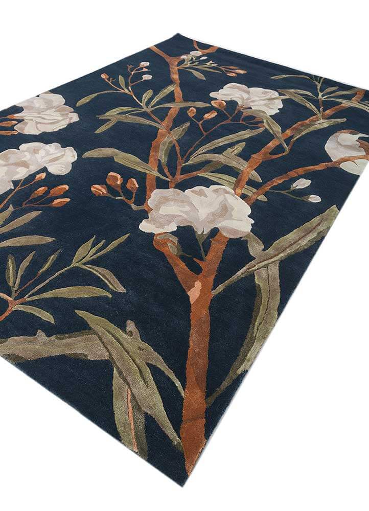 Navy & Leather Brown Floral Hand-Tufted Rug