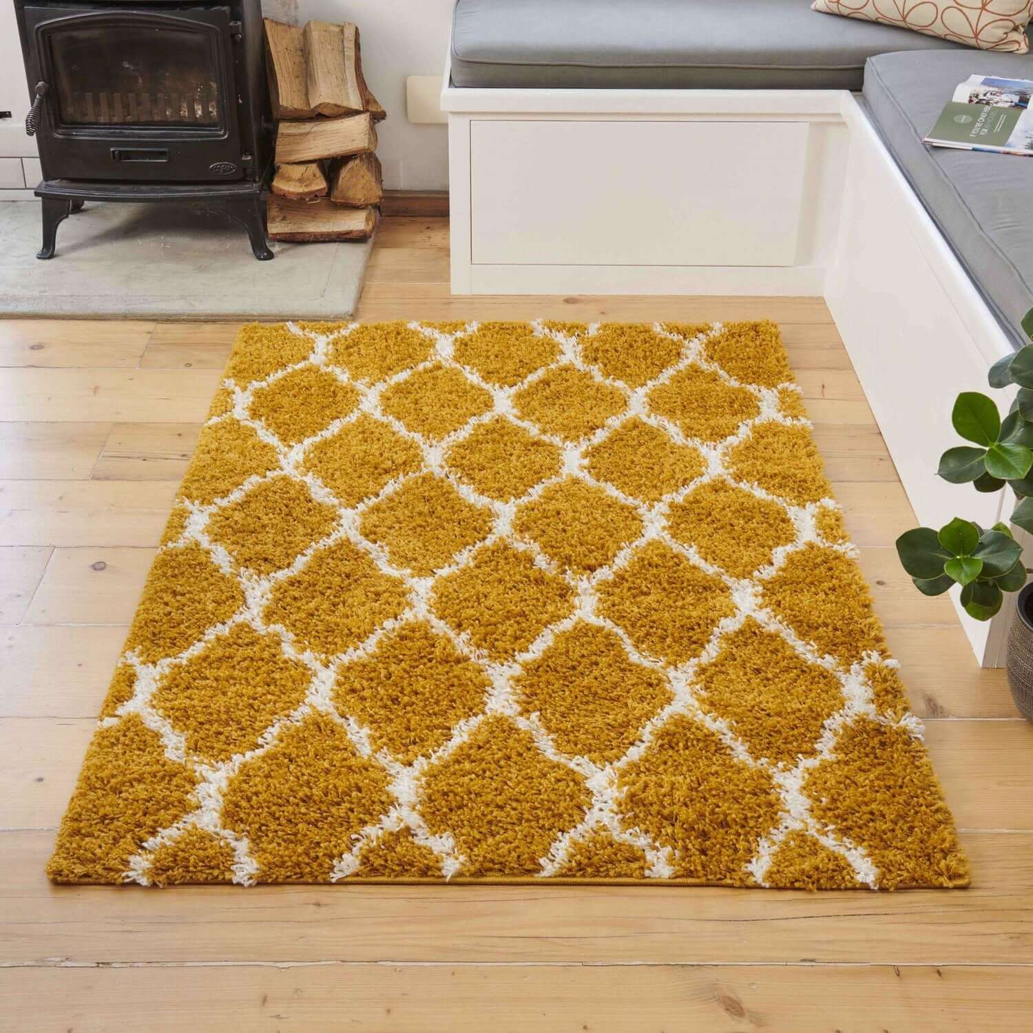 Yellow Moroccan Trellis Shaggy Rug