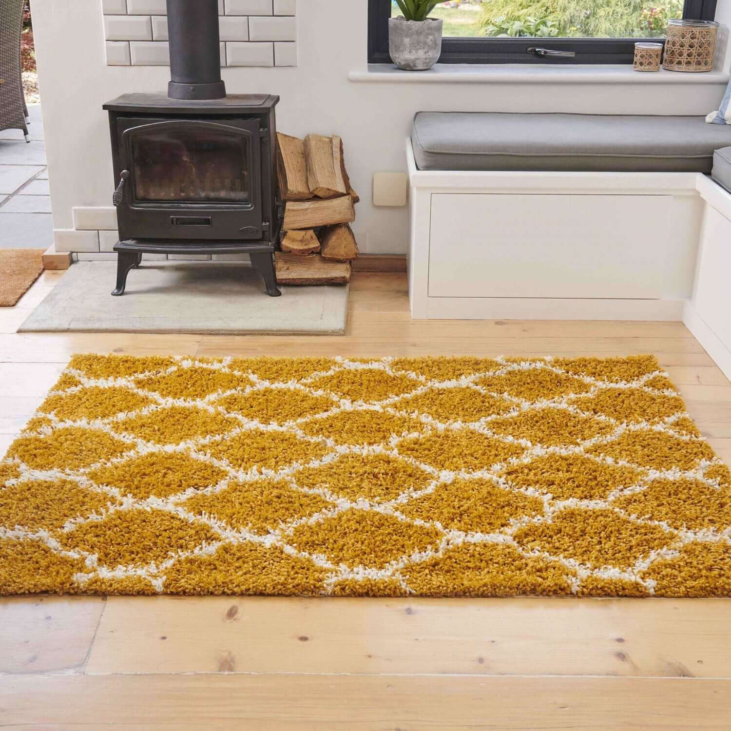 Yellow Moroccan Trellis Shaggy Rug