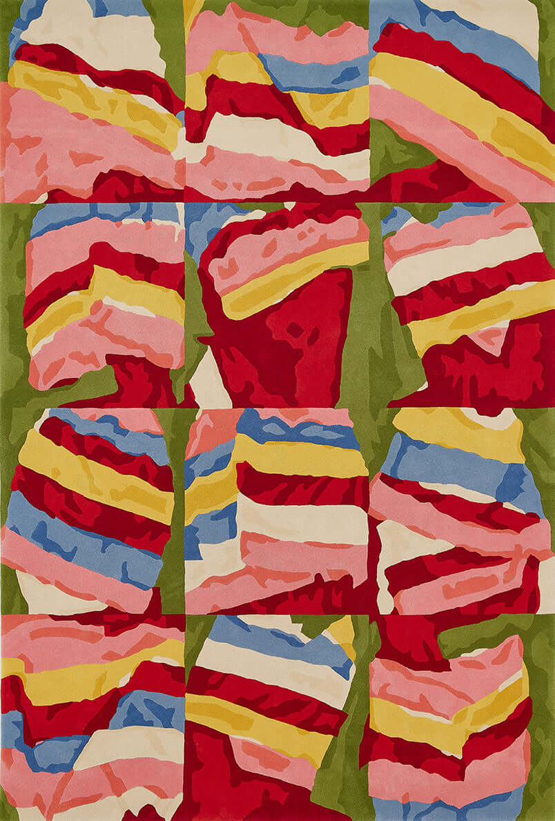 Vibrant hand-tufted rug featuring multicolored bands inspired by Korean Saekdong fabric traditions.