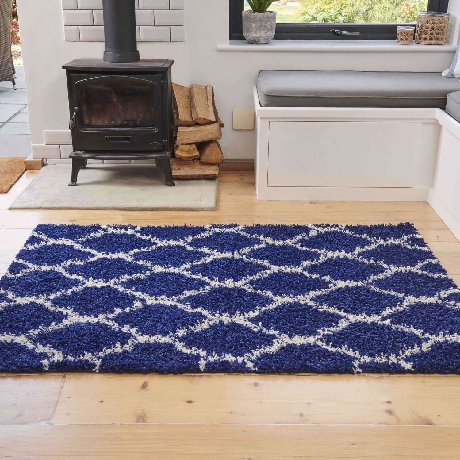 Navy Moroccan Trellis Shaggy Rug