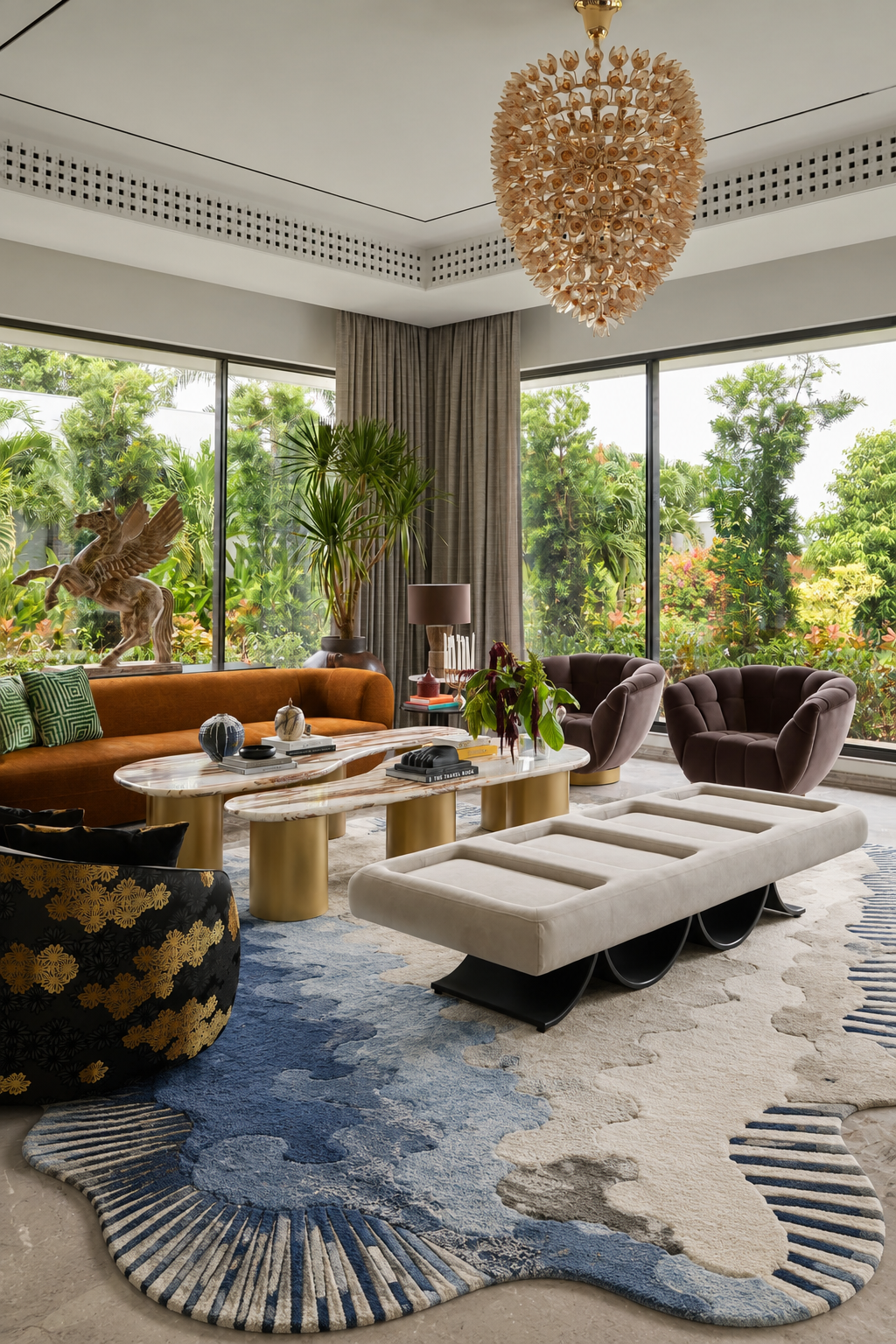 Aurelia Tides abstract rug featured in a modern living room with elegant decor and natural light.