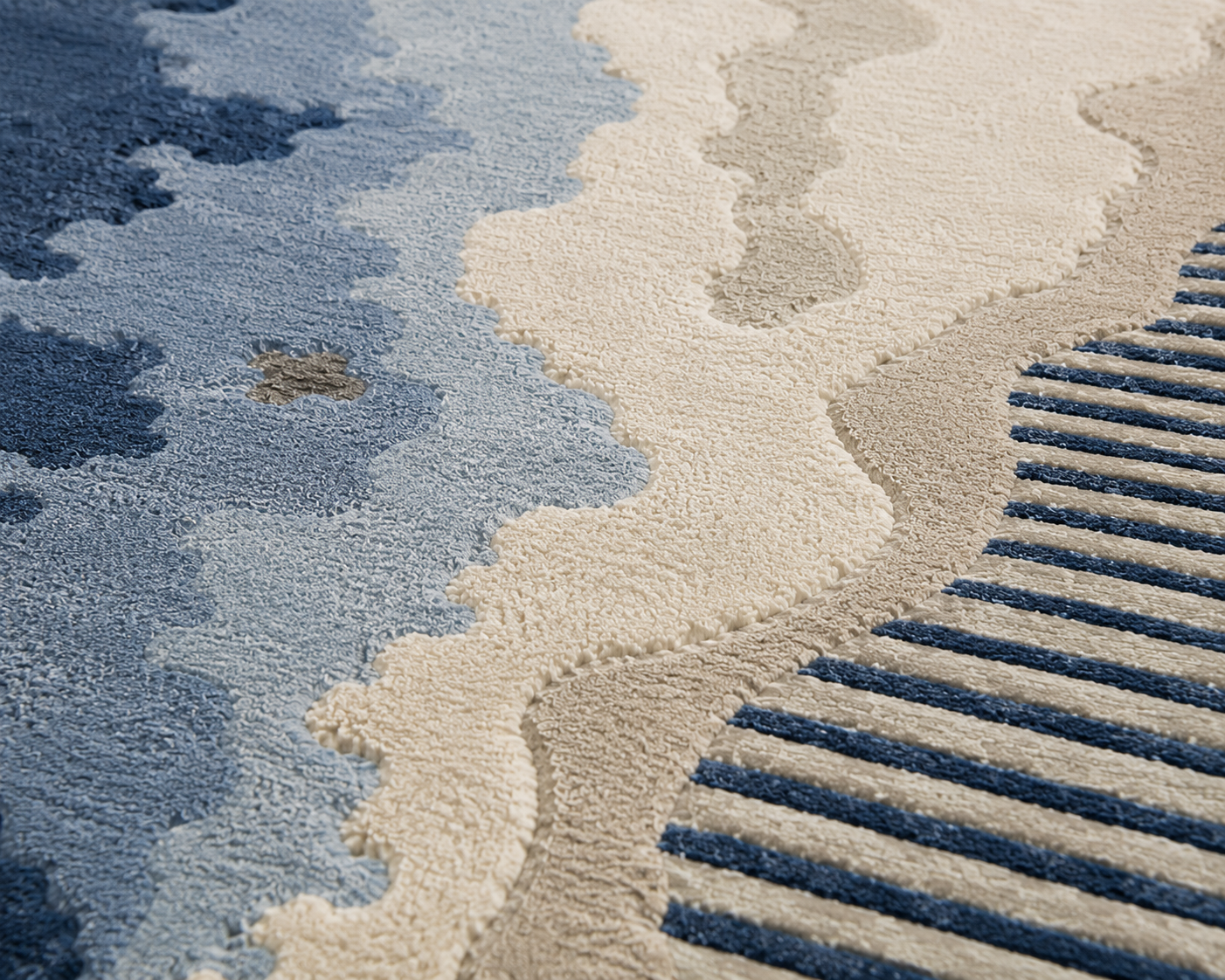 Aurelia Tides abstract rug featuring flowing textures in navy, blue, ivory, and taupe with striped accents.