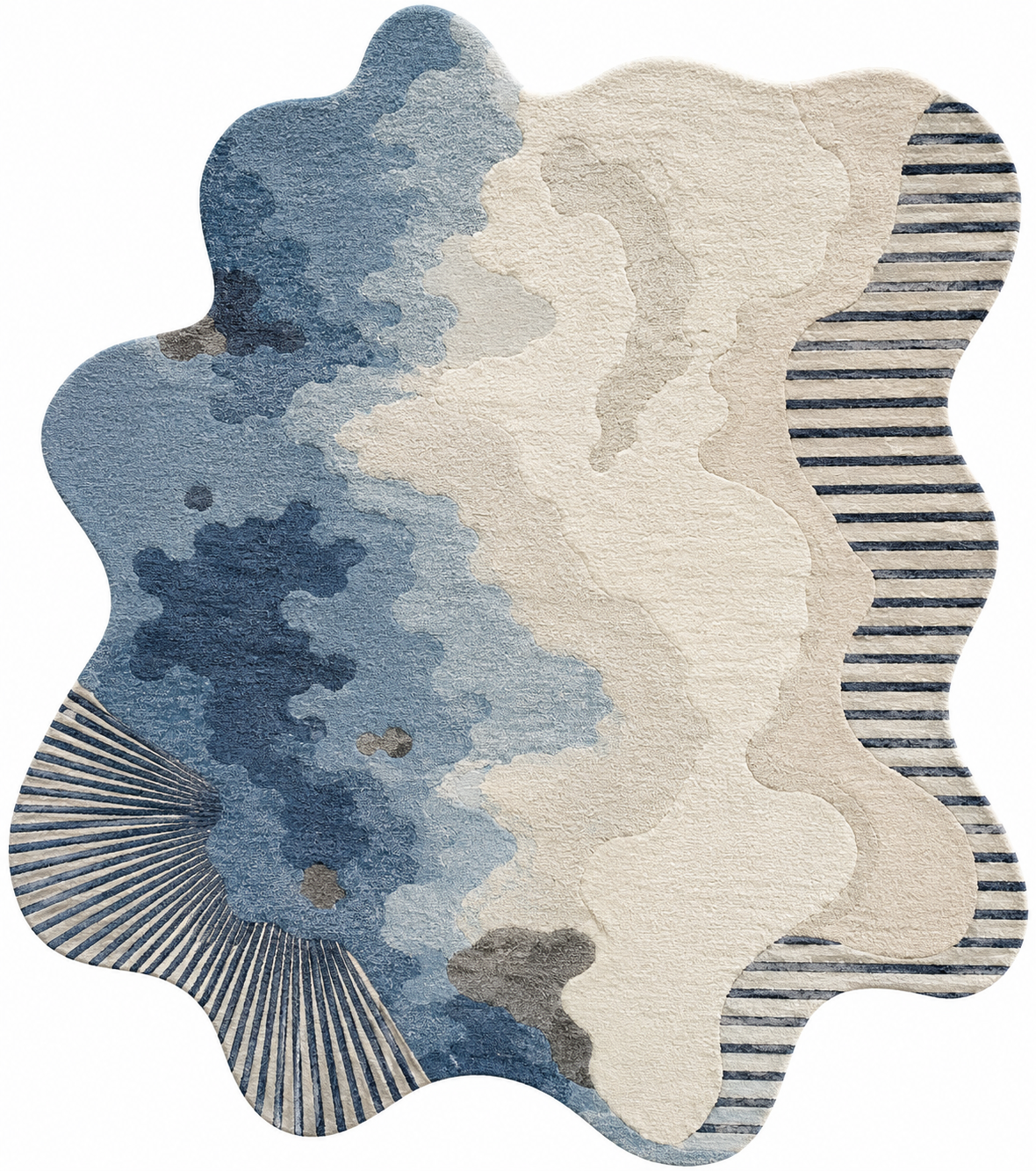 Aurelia Tides abstract rug featuring flowing blue tones and bold striped accents in a unique freeform design.