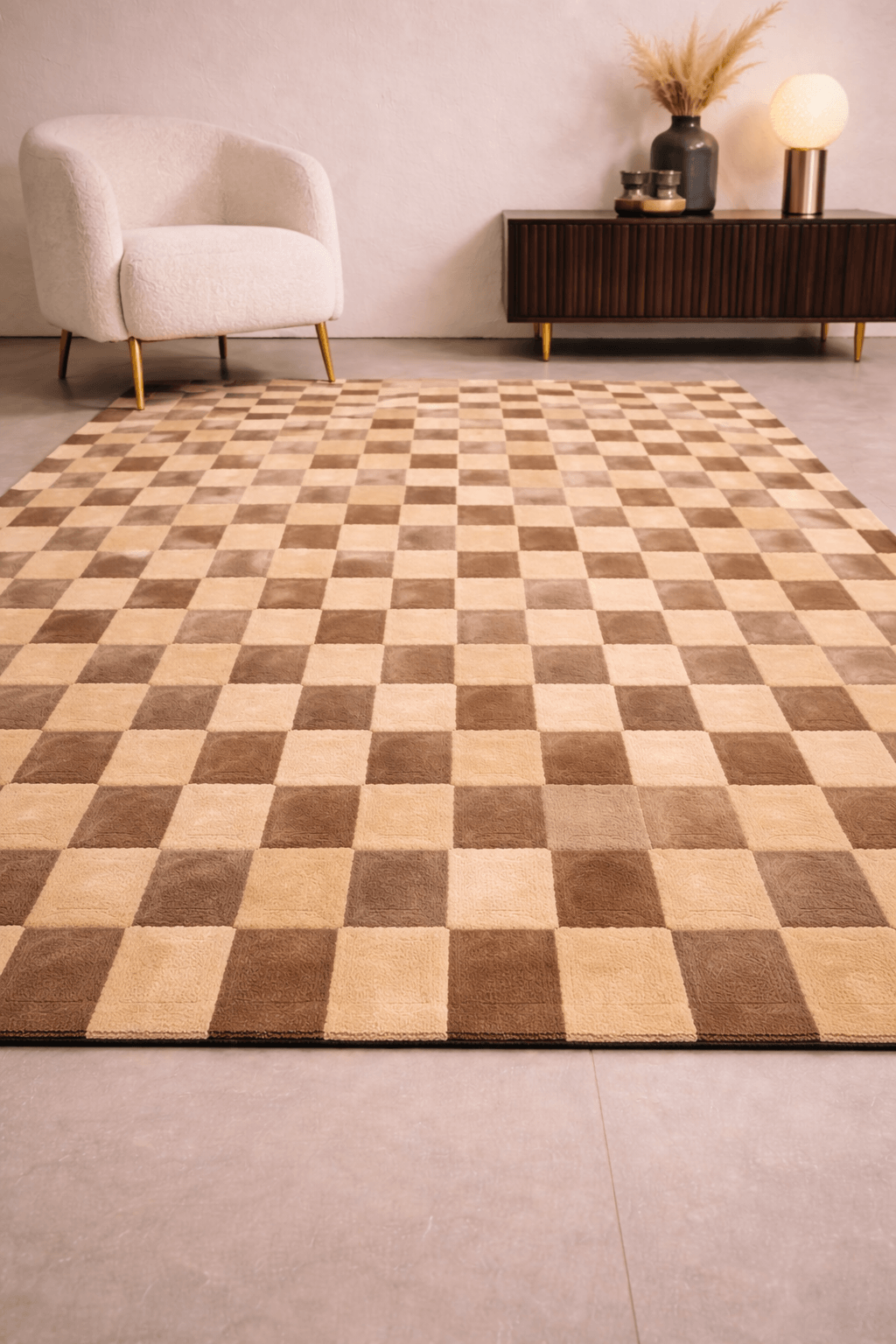 Brown Matrix rug featuring a tiered border with a textured, gridded patchwork in brown and cream.