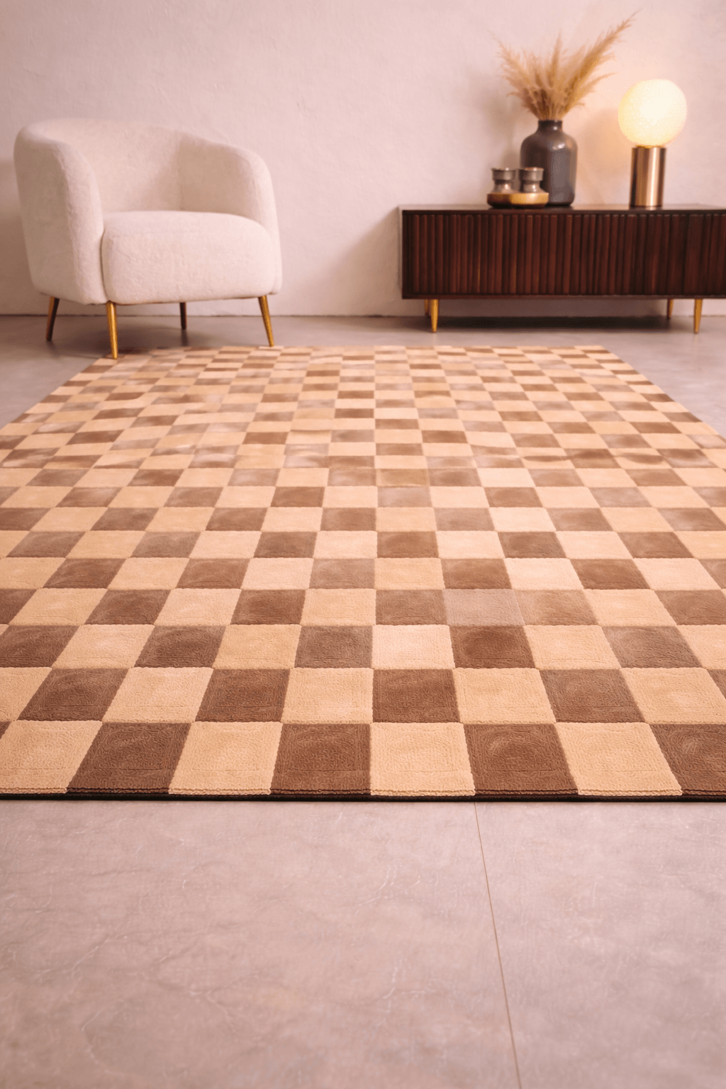 Brown Matrix rug with a tiered border and textured grid pattern in warm browns and creams.