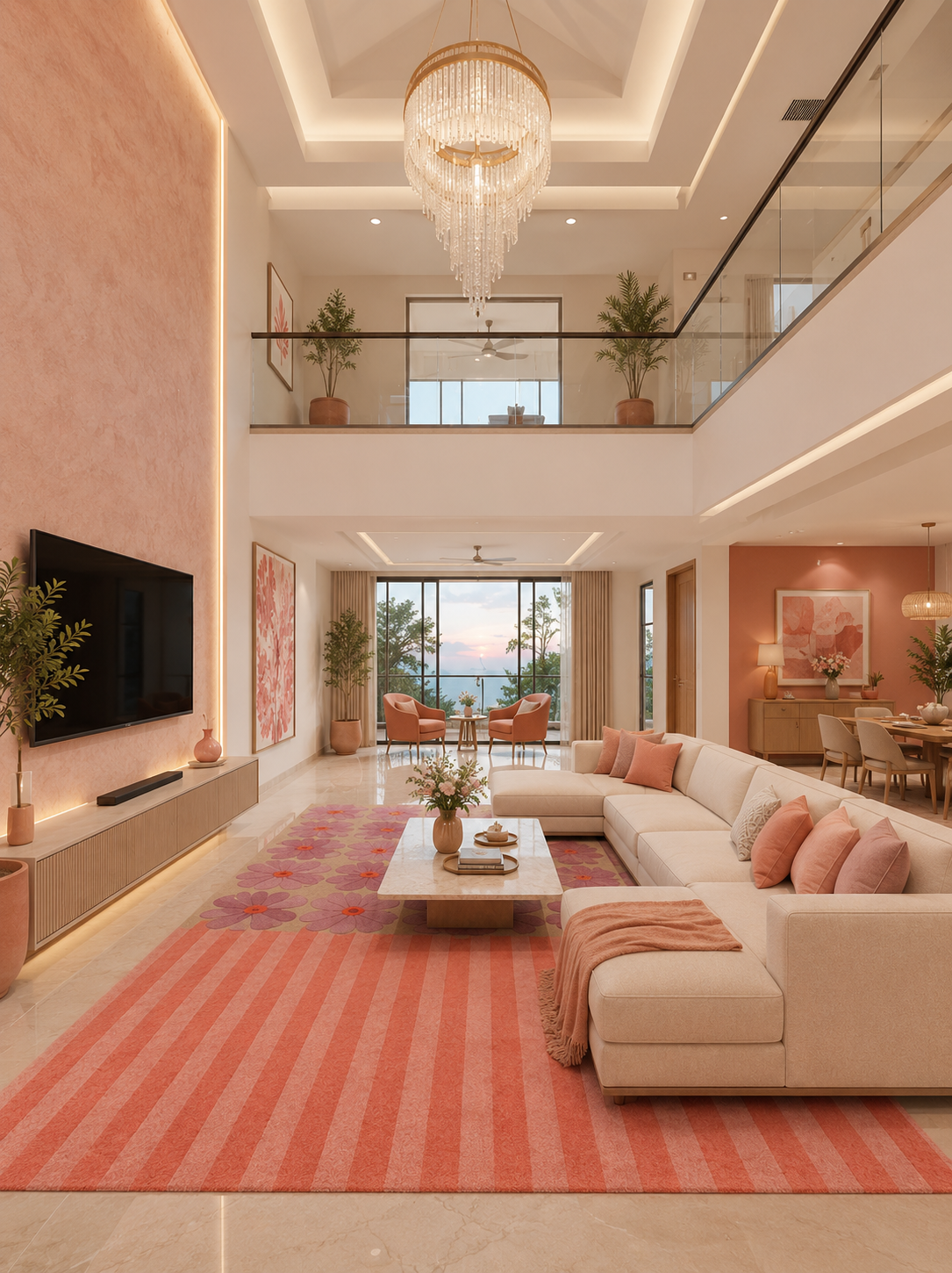 Artistic floral area rug in a modern living room with pink and coral decor.