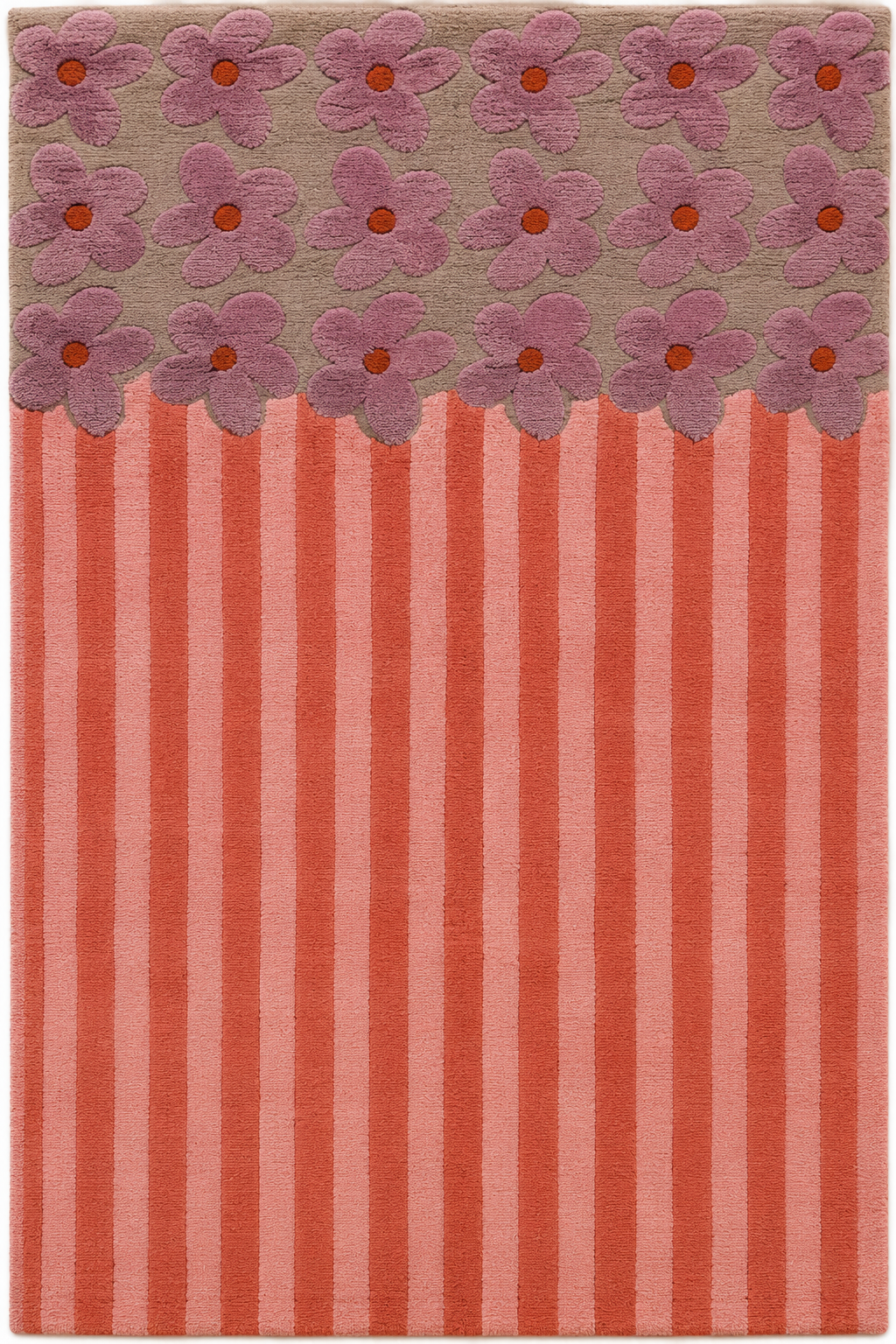 Artistic floral area rug featuring playful blossoms and painterly stripes in blush, mauve, coral, and terracotta.