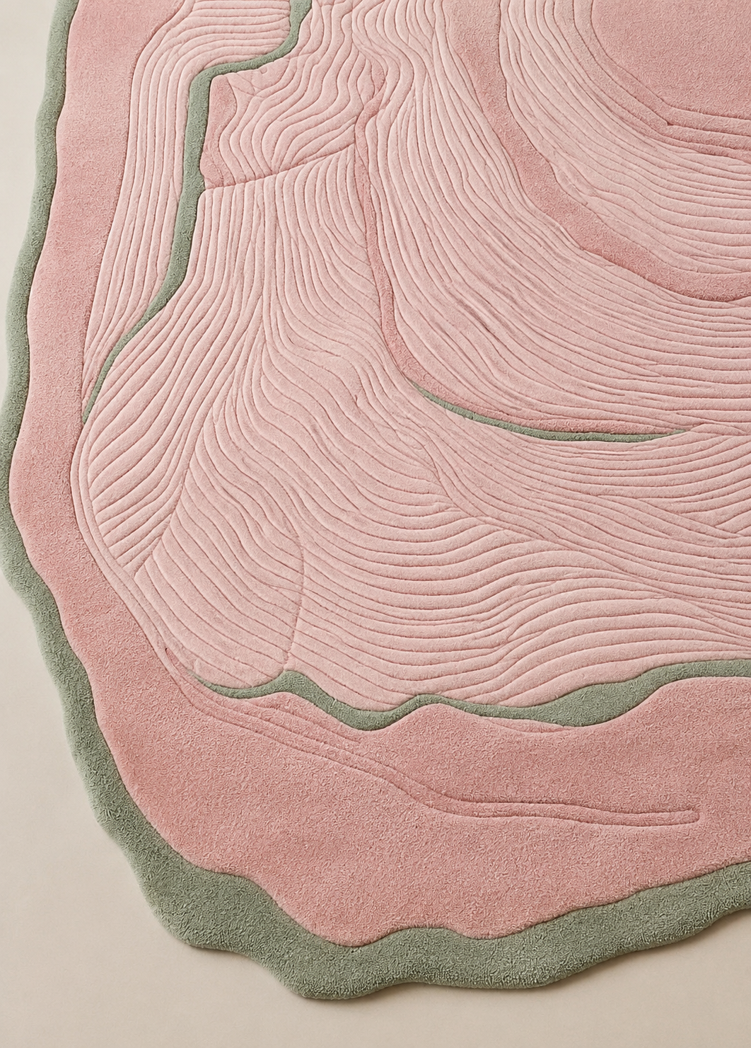 Blush Contour Rug featuring fluid contour lines in blush pink and muted sage, a perfect blush contour area rug for modern decor.
