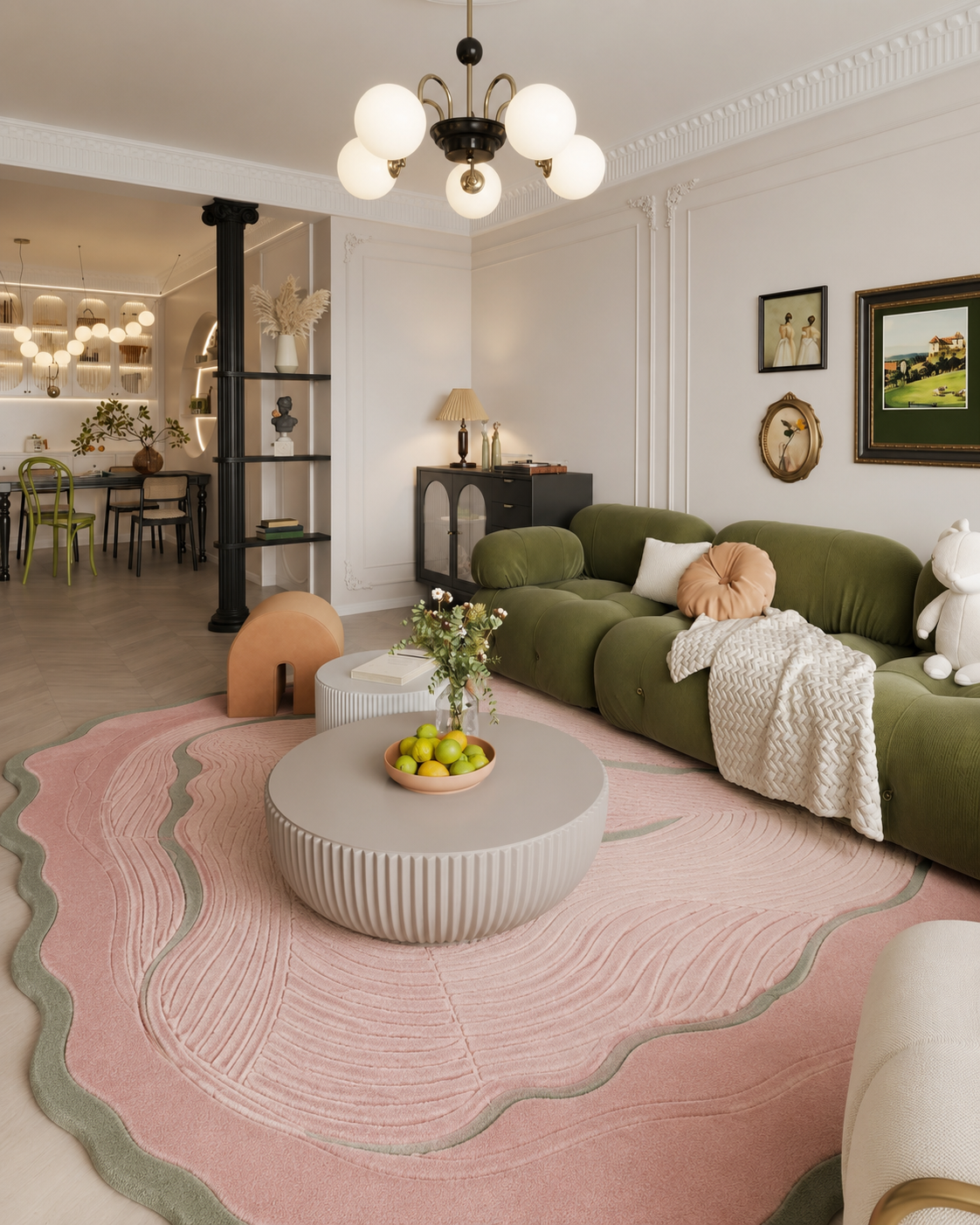 Blush contour area rug enhancing a modern living room with a soothing topographic design in pink and sage.