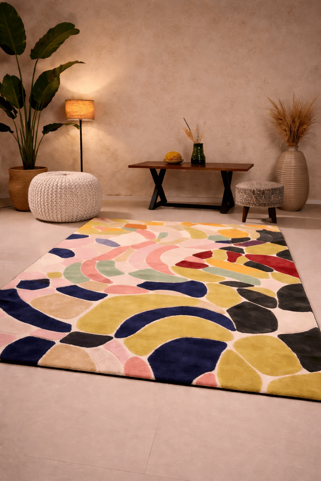 Abstract Mosaic hand-tufted rug with playful pastels and bold tones, adding artistic flair to any interior.