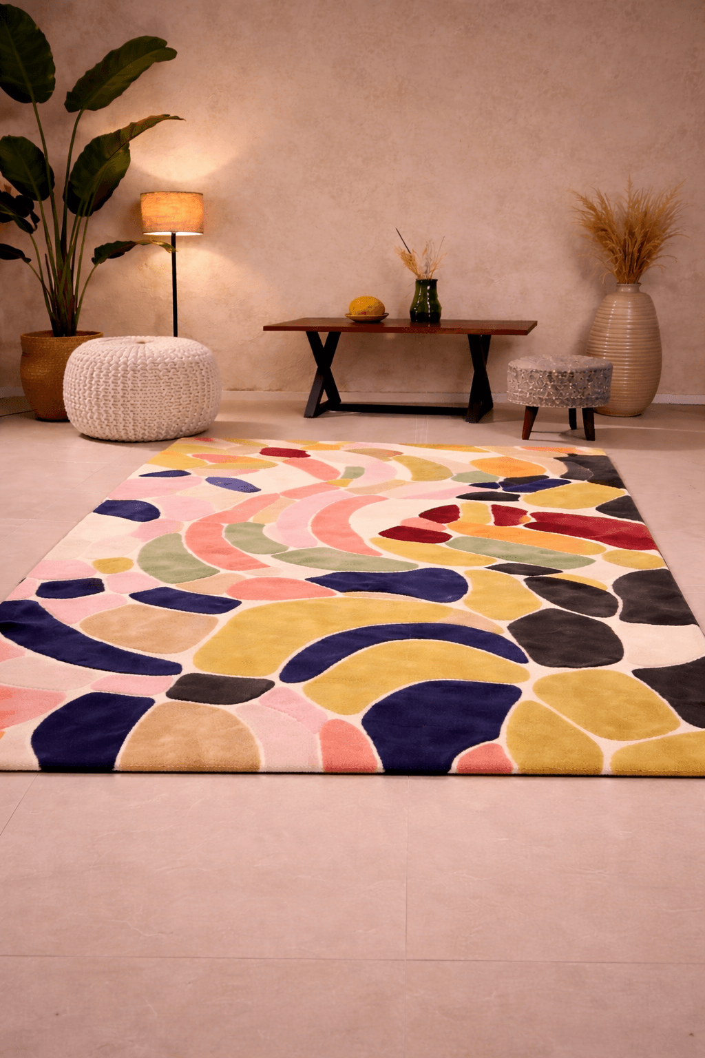 Abstract Mosaic hand-tufted rug featuring playful colors like blush pink, mustard yellow, navy blue, and sage green.