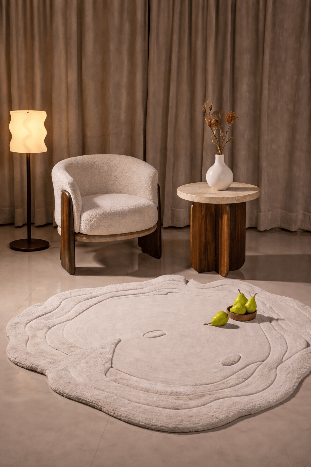 Crescent Calm hand-tufted rug in a modern living space with a chair and table, inspired by moonlit landscapes.