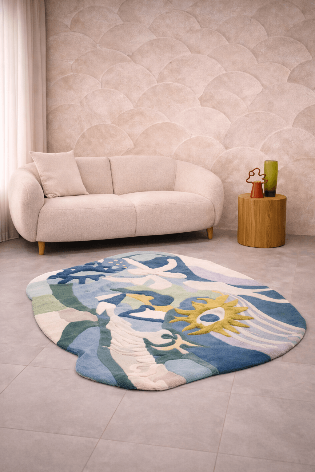 Celestial Terra – Abstract Art Hand-Tufted Rug in a modern living room setting with calming colors.