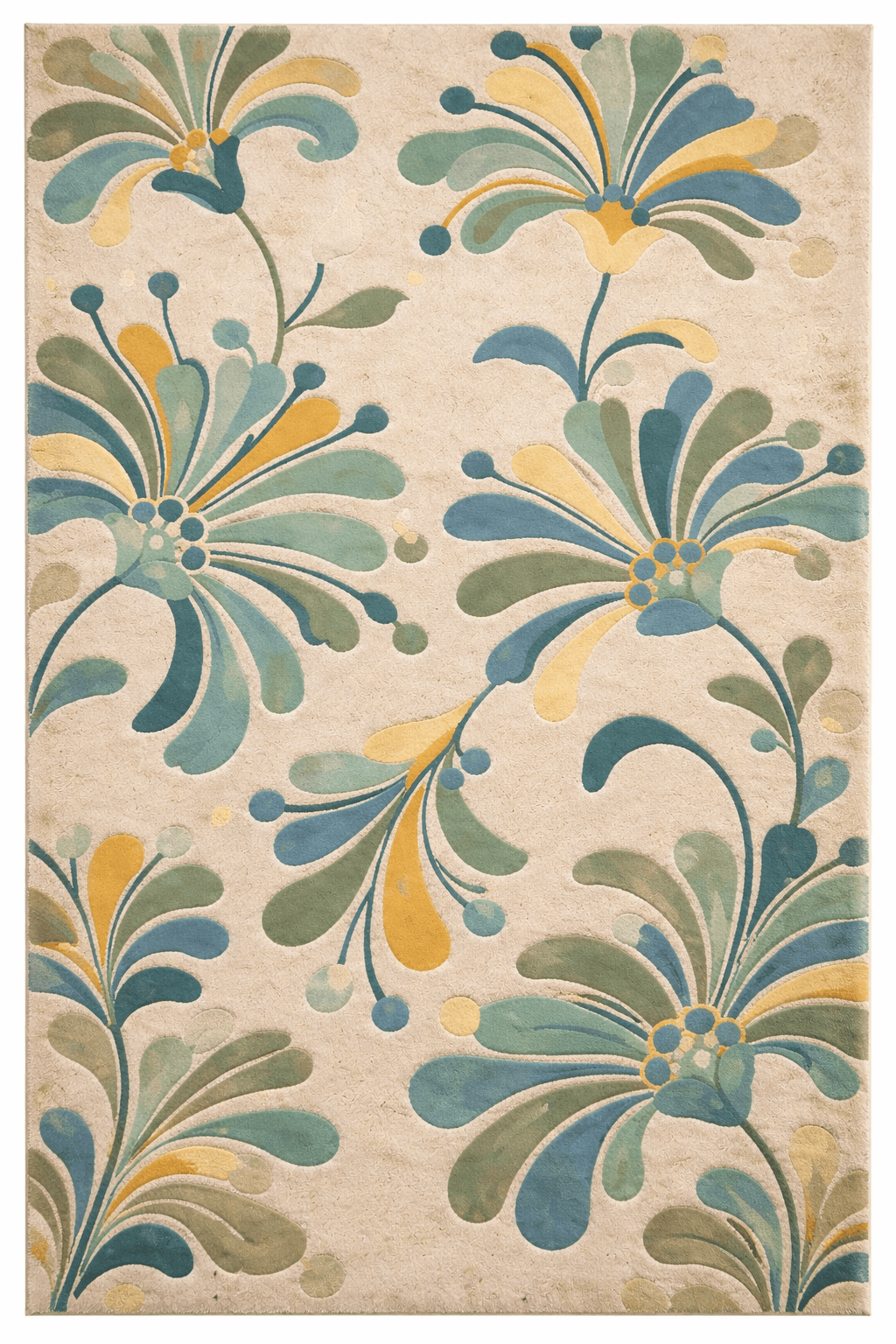botanical bloom wool rug featuring elegant floral designs in sage green, teal, blue, and gold colors.