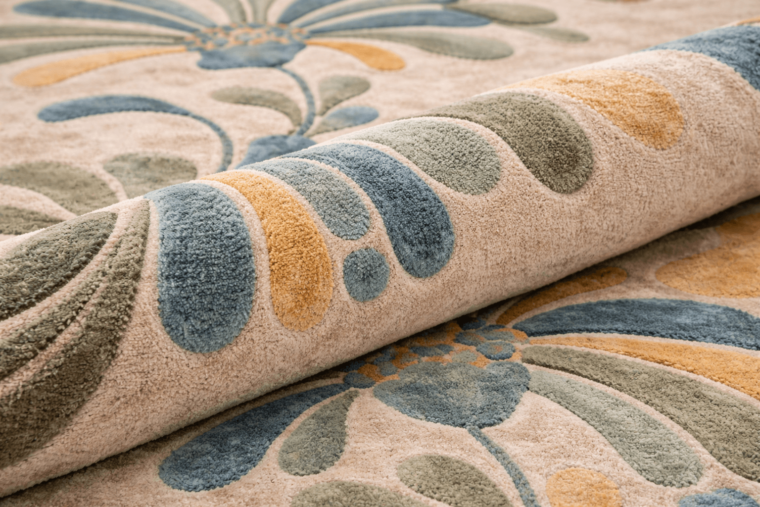 Botanical Bloom Hand-Tufted Wool Rug featuring colorful floral motifs in serene shades of green, blue, and gold.