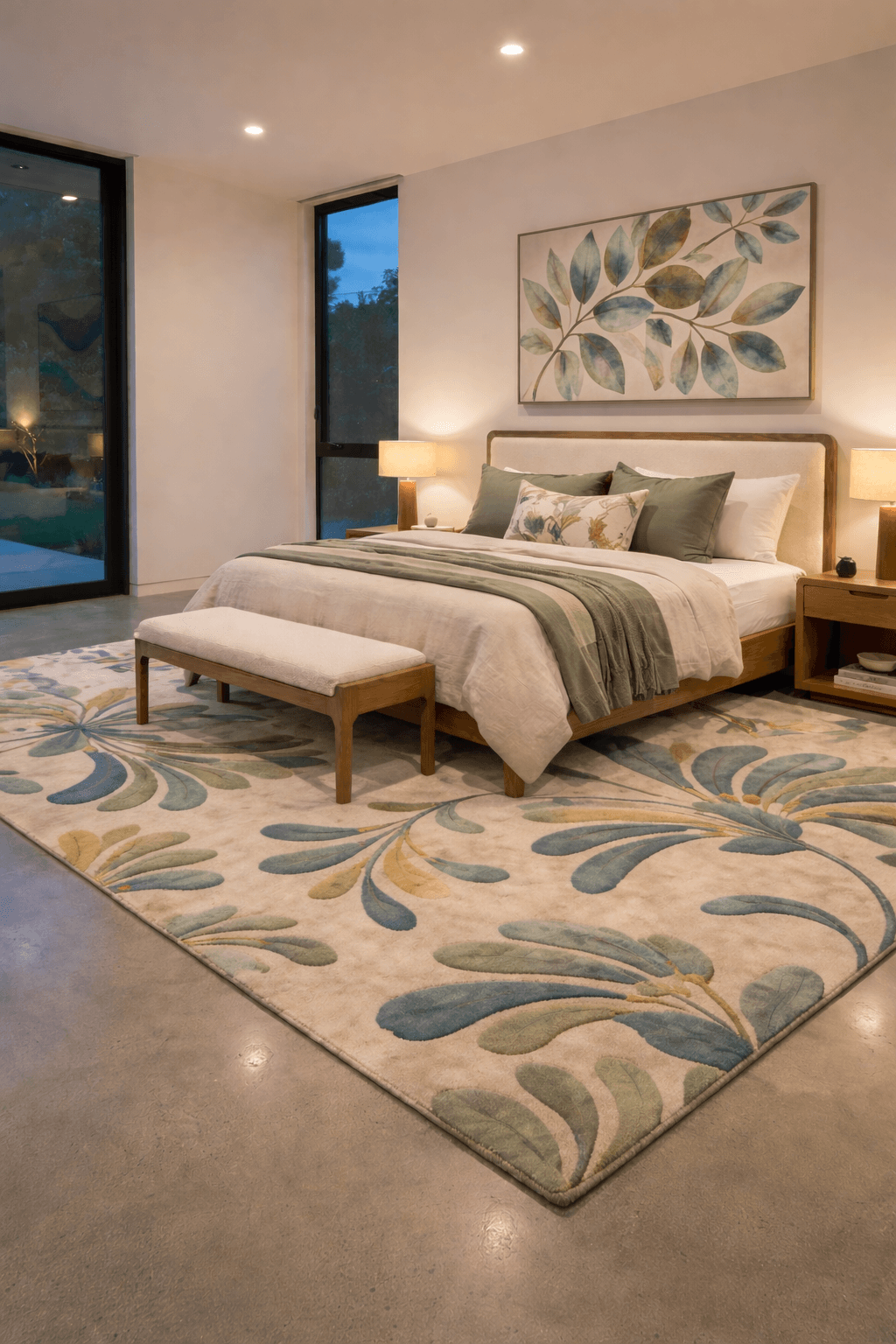 Stylish bedroom featuring botanical bloom wool rug with floral design, enhancing modern elegance and comfort.