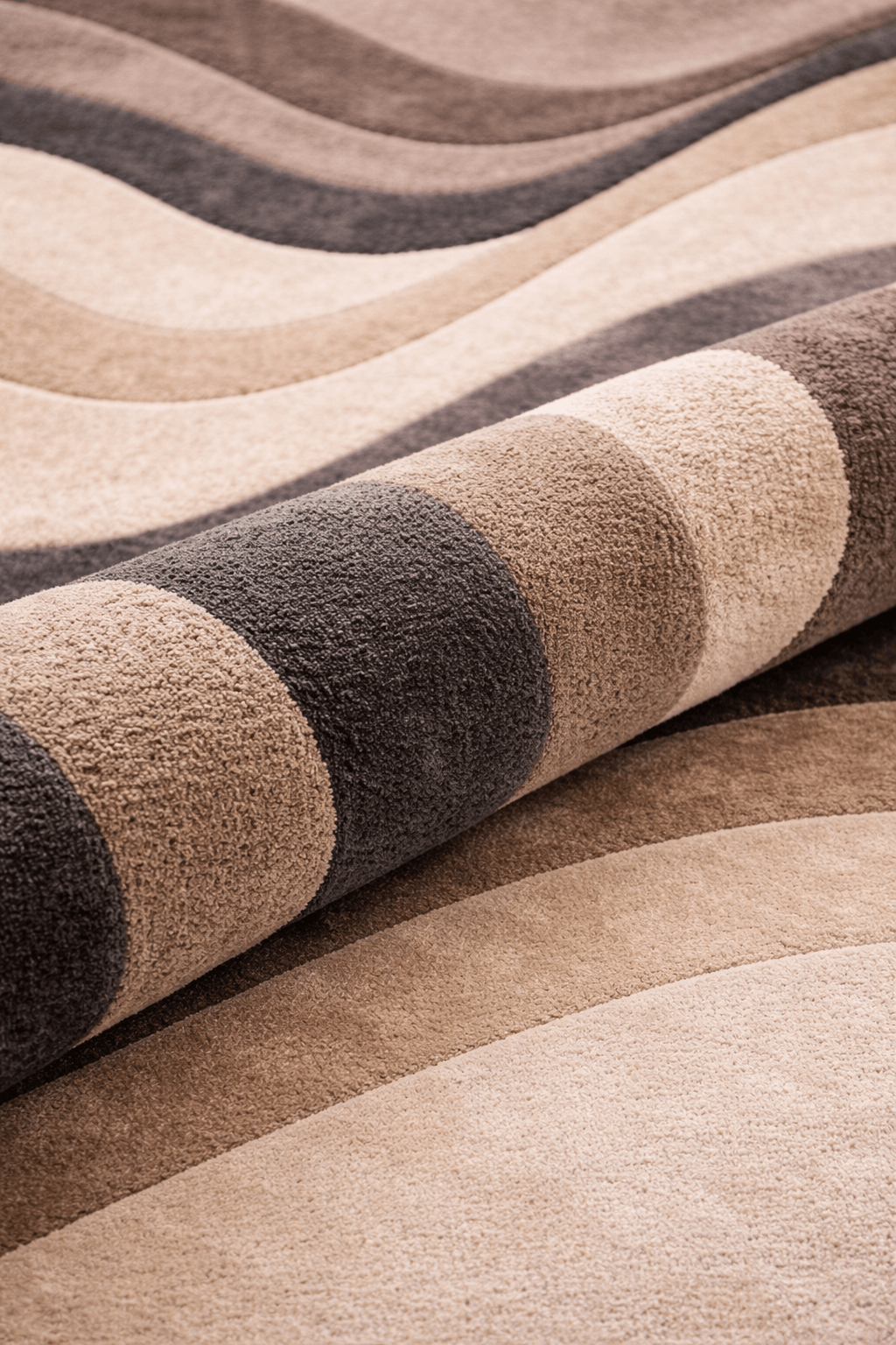 Close-up of the contemporary wave rug showcasing its undulating pattern and color transitions from sands to charcoals.