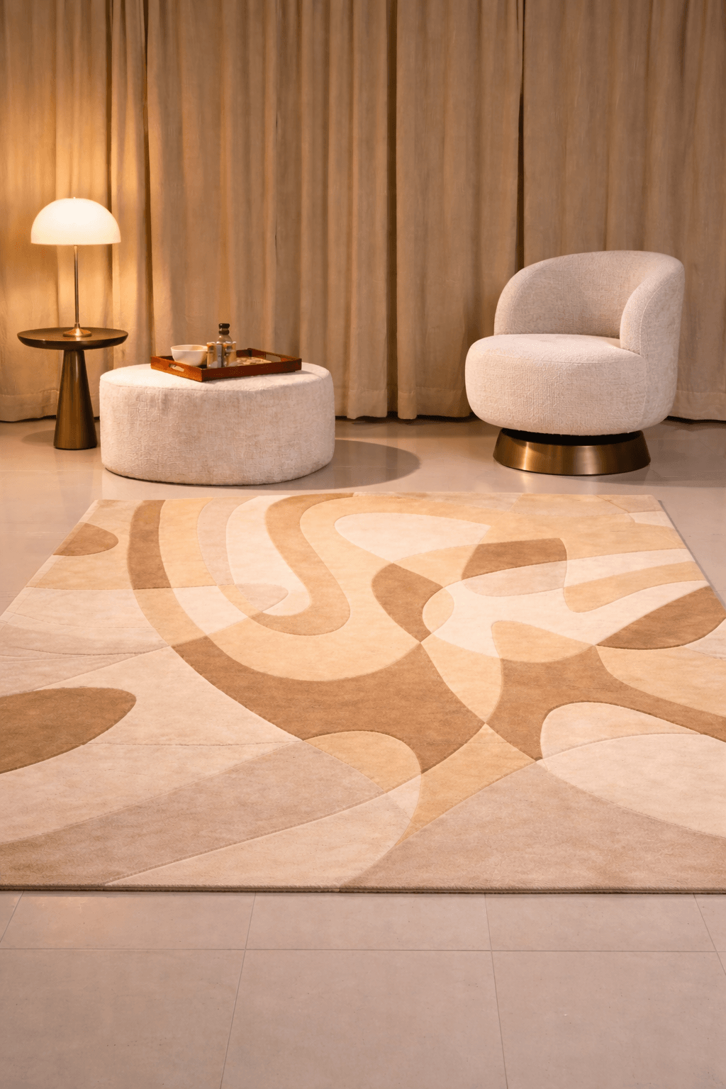 Amber Flow rug showcasing organic shapes and warm amber tones in a modern living room setting.