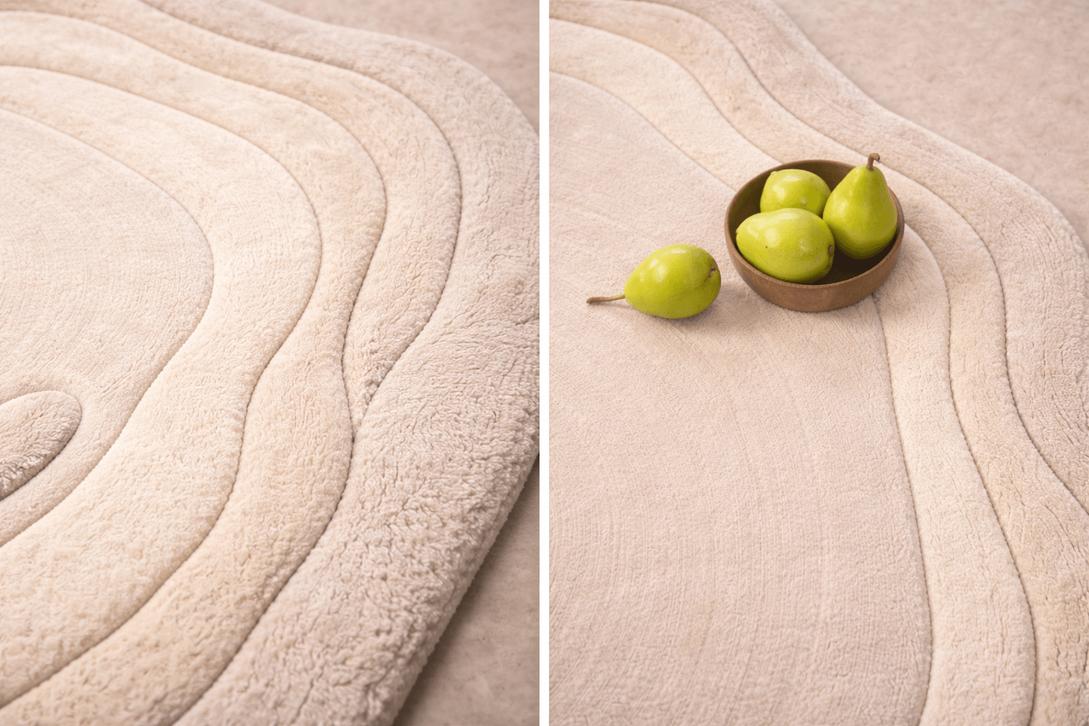 Crescent Calm rug showcasing fluid shapes and textures, highlighting its premium wool and serene design.