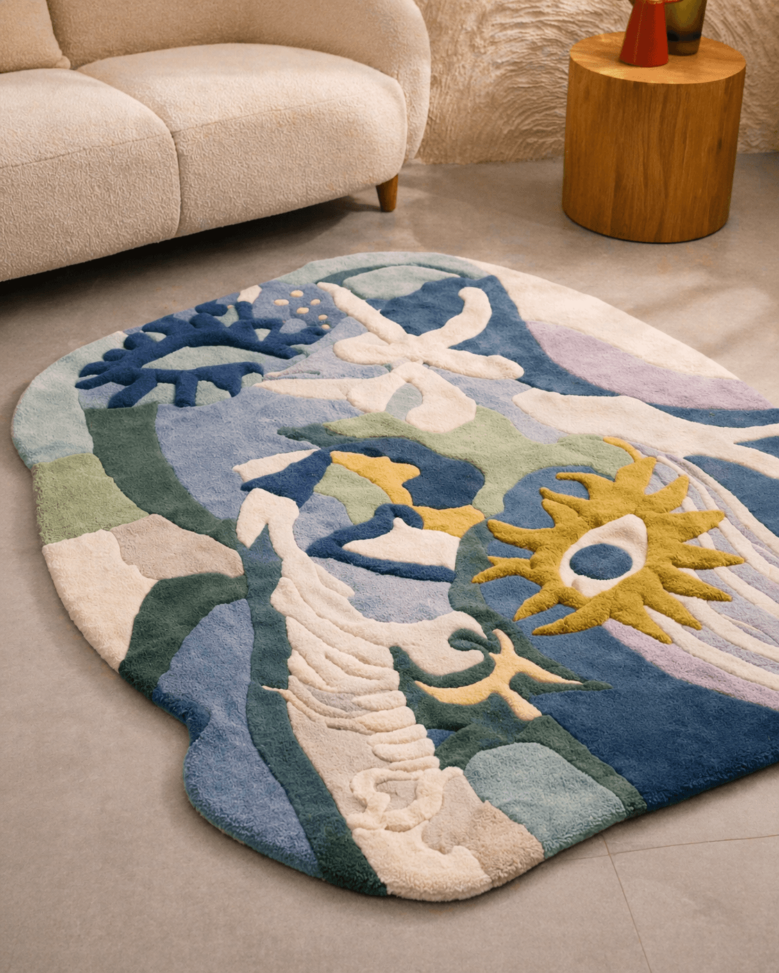 Celestial Terra – Abstract Art Hand-Tufted Rug featuring dynamic shapes and calming colors in a modern living space.