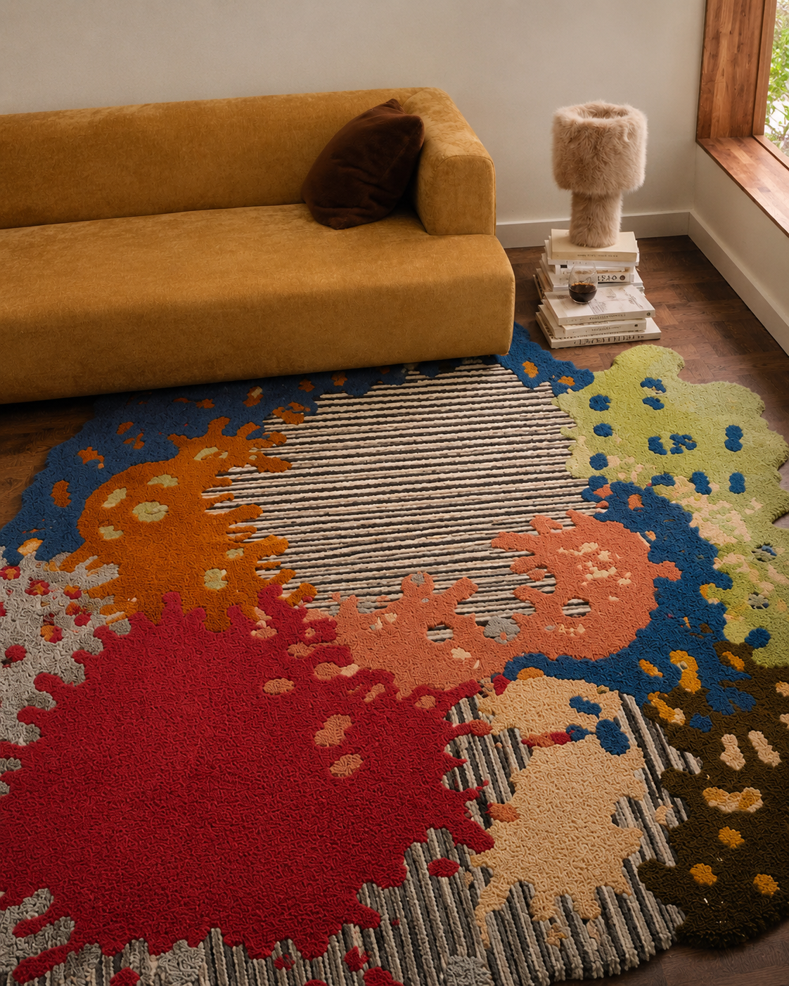 Chromatic Bloom area rug displayed in a contemporary living space with vibrant colors and bold organic patterns.