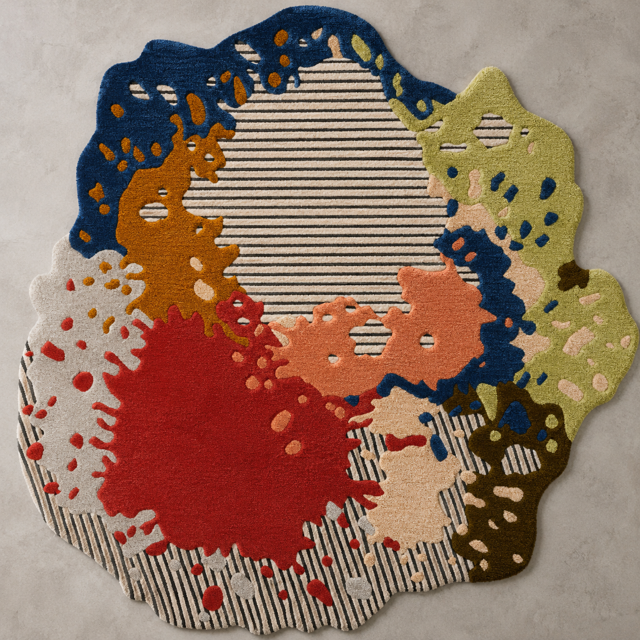 Chromatic Bloom area rug featuring vibrant colors and abstract patterns on a textured backdrop.