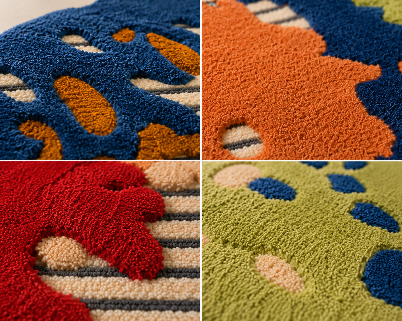 Close-up of the colorful textures of the Chromatic Bloom area rug showcasing vibrant reds, blues, ochres, and greens.