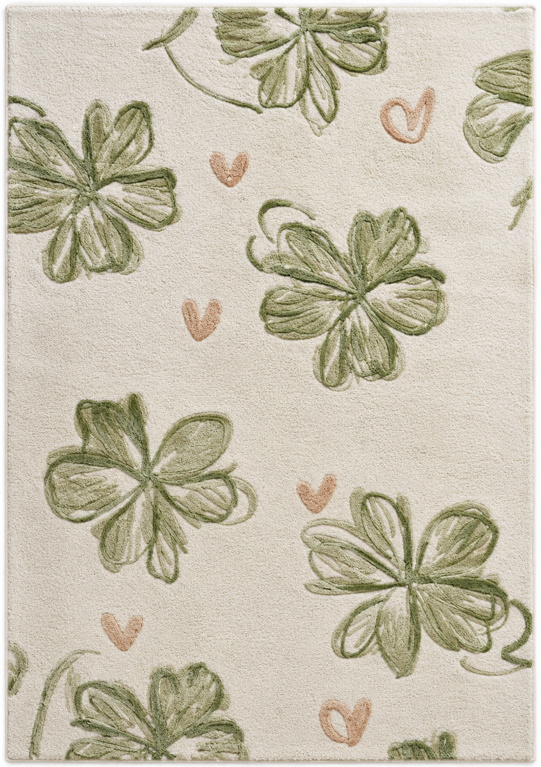 Clover whimsical floral rug featuring hand-sketched green clovers and blush hearts on ivory background.