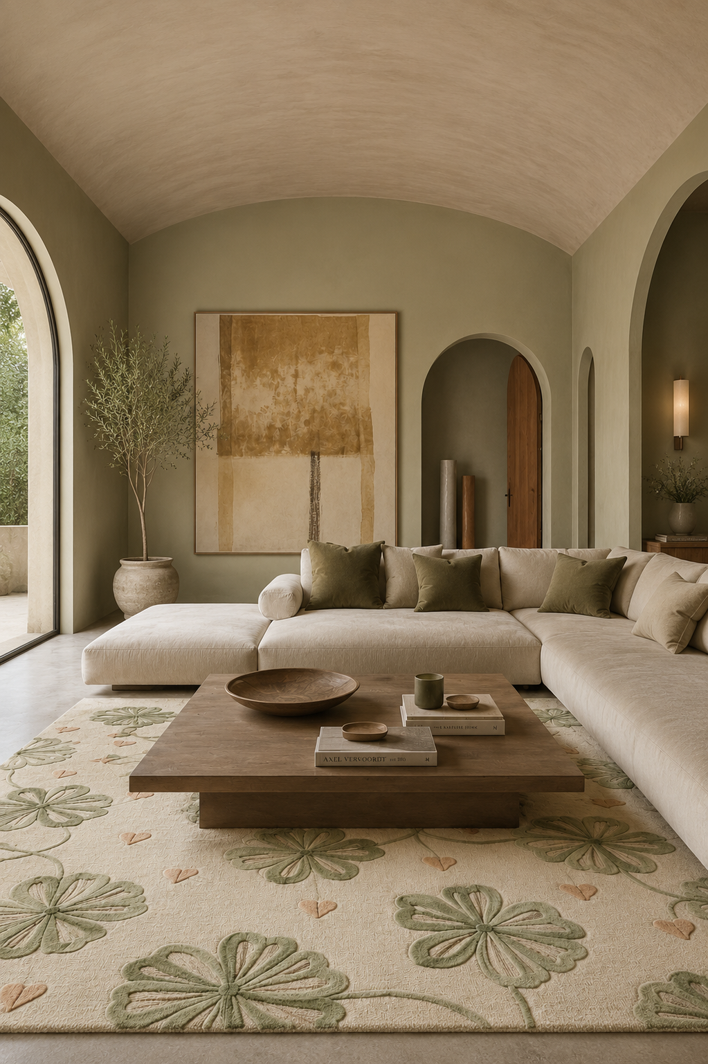Clover whimsical floral rug enhancing a modern living room, featuring soft sage and ivory tones with blush accents.