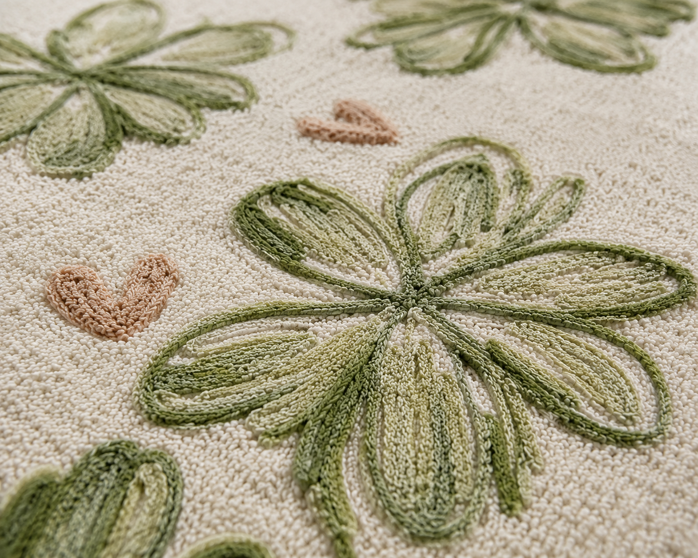 Clover whimsical floral rug featuring hand-tufted green clovers and blush hearts on an ivory background.