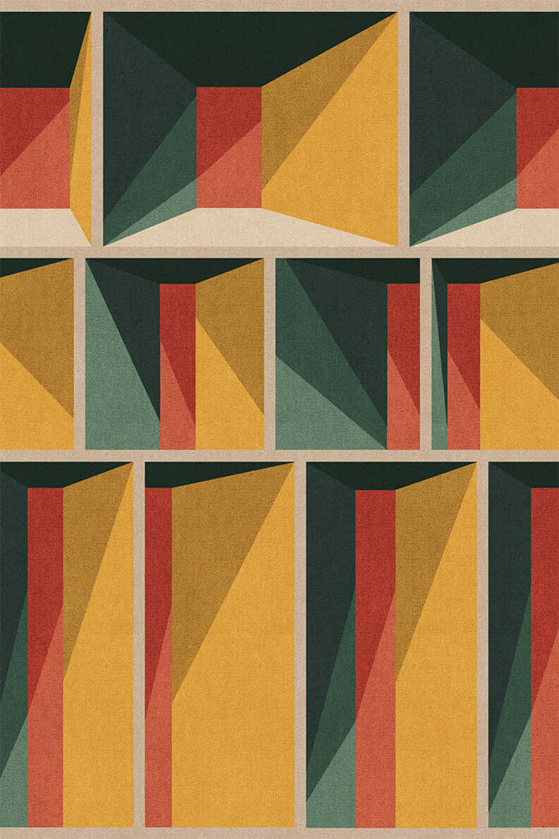 Facet Mirage Hand-Tufted Rug featuring bold geometric patterns and vibrant colors, showcasing depth and artistic design.