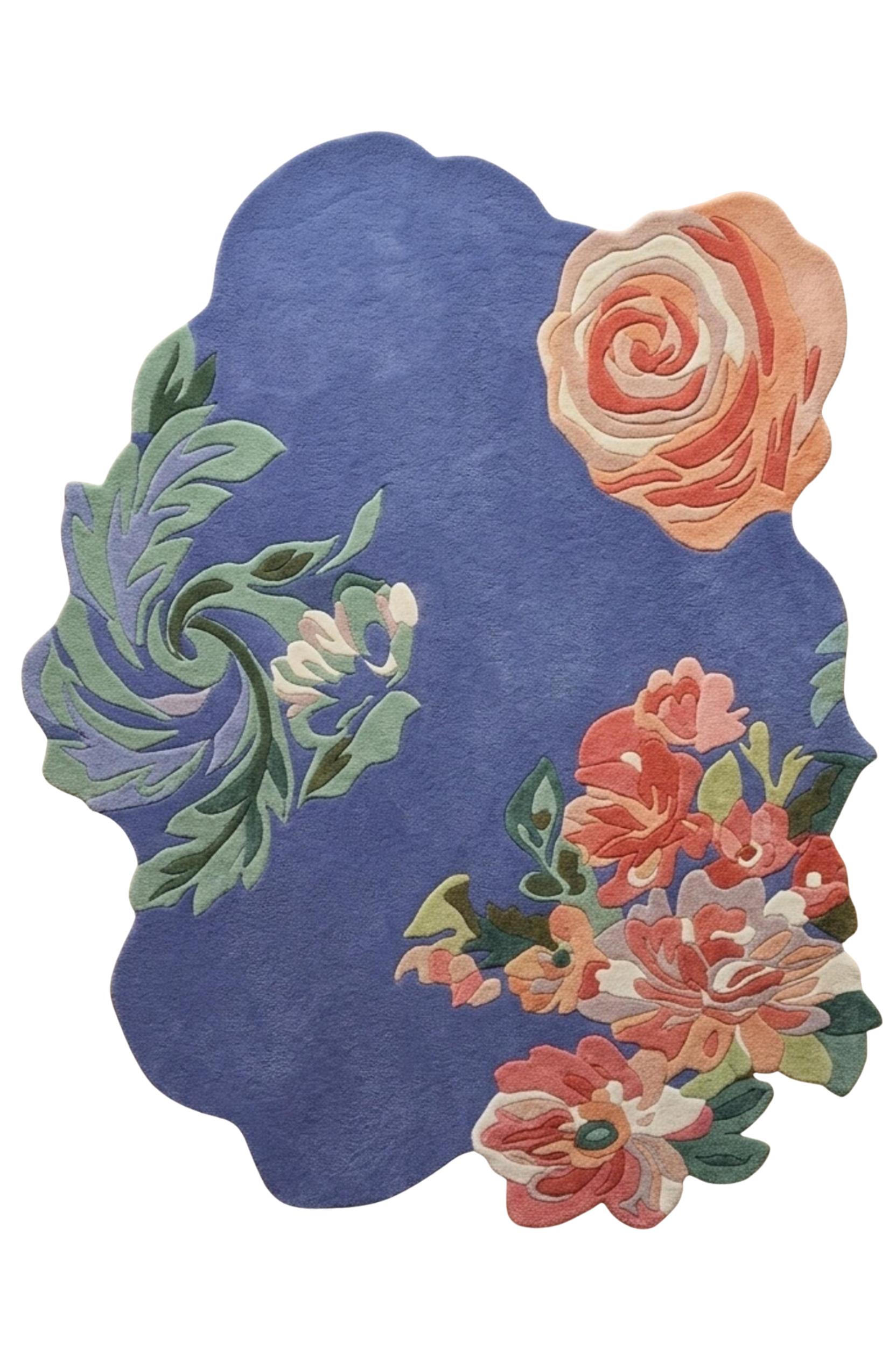 Floral hand-tufted rug with intricate blooming patterns on a rich blue background.
