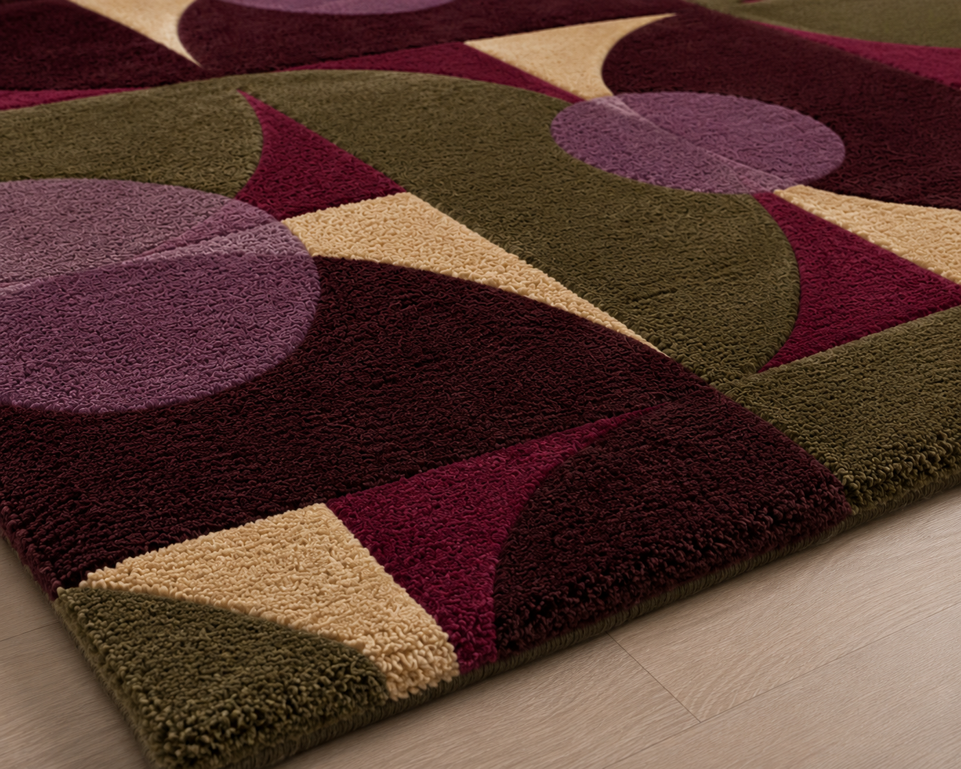 Luna Mosaic Area Rug featuring geometric shapes and rich colors like burgundy and olive green