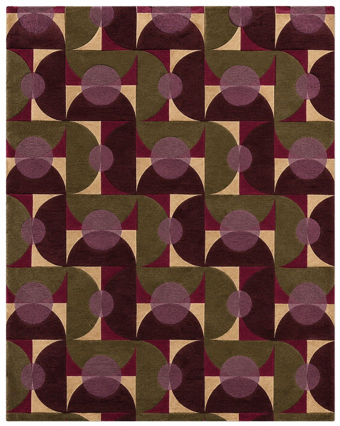 Luna Mosaic Area Rug featuring geometric patterns in deep burgundy, olive green, warm taupe, soft beige, and muted mauve.