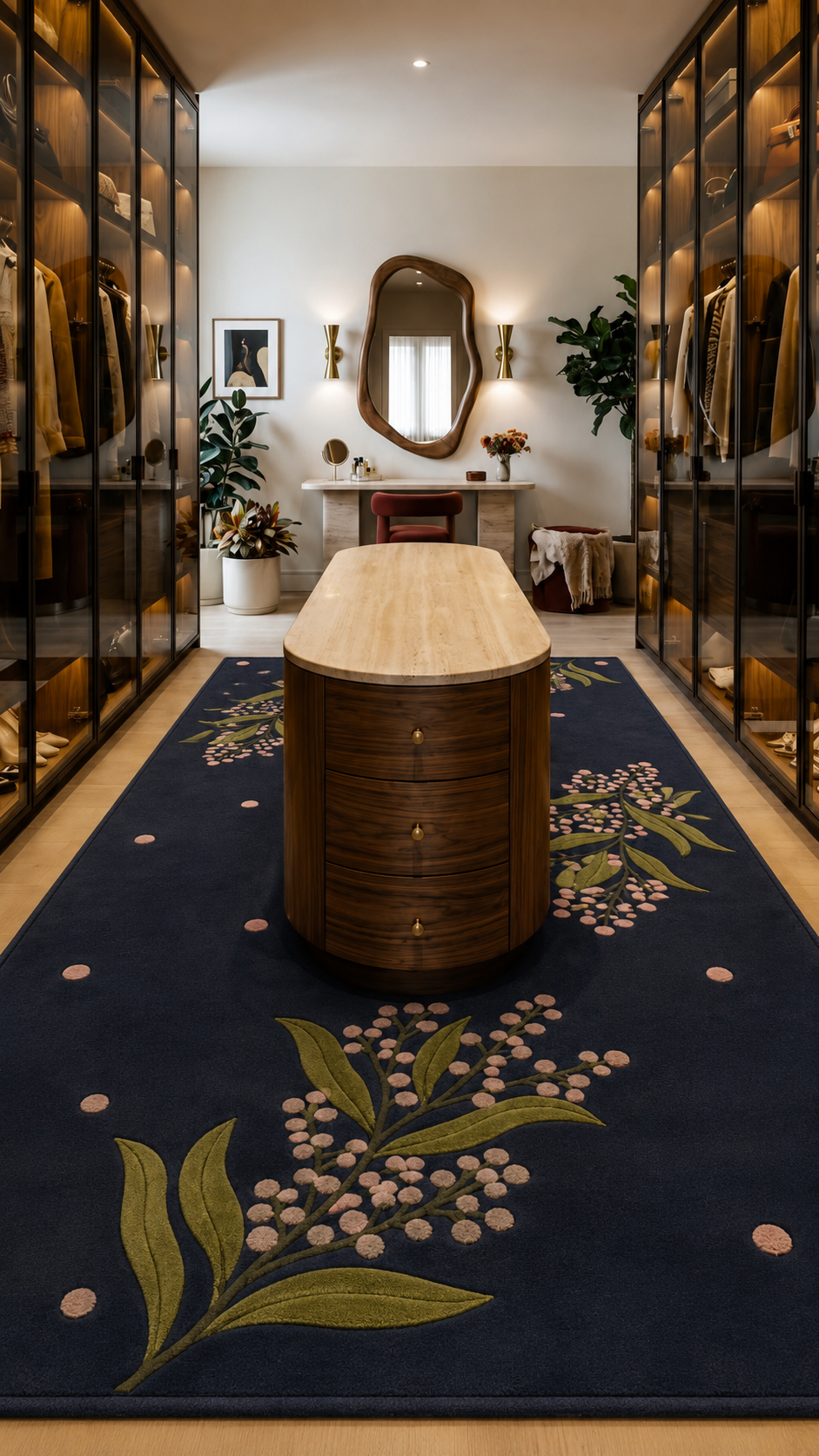 Midnight Berry Bloom Rug showcasing delicate florals on a deep navy background in a stylish interior setting.
