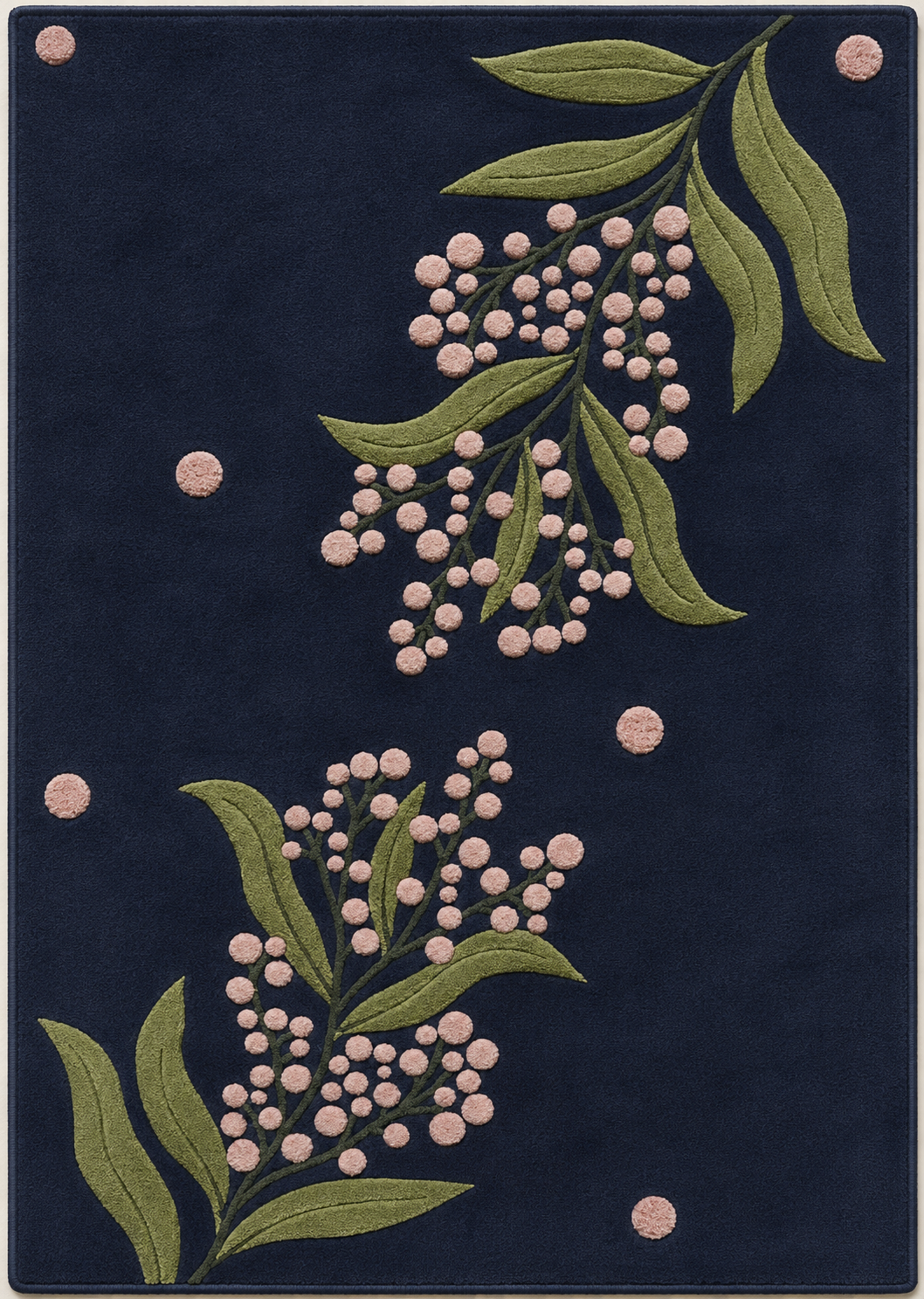 Midnight Berry Bloom Rug featuring delicate floral designs on a deep navy background, showcasing a midnight berry floral rug.