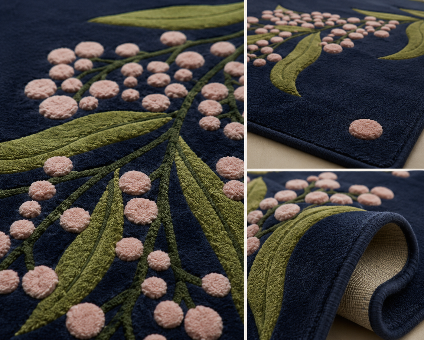 Midnight Berry Bloom Rug featuring blush berries on navy background, a stylish midnight berry floral rug for elegant decor.
