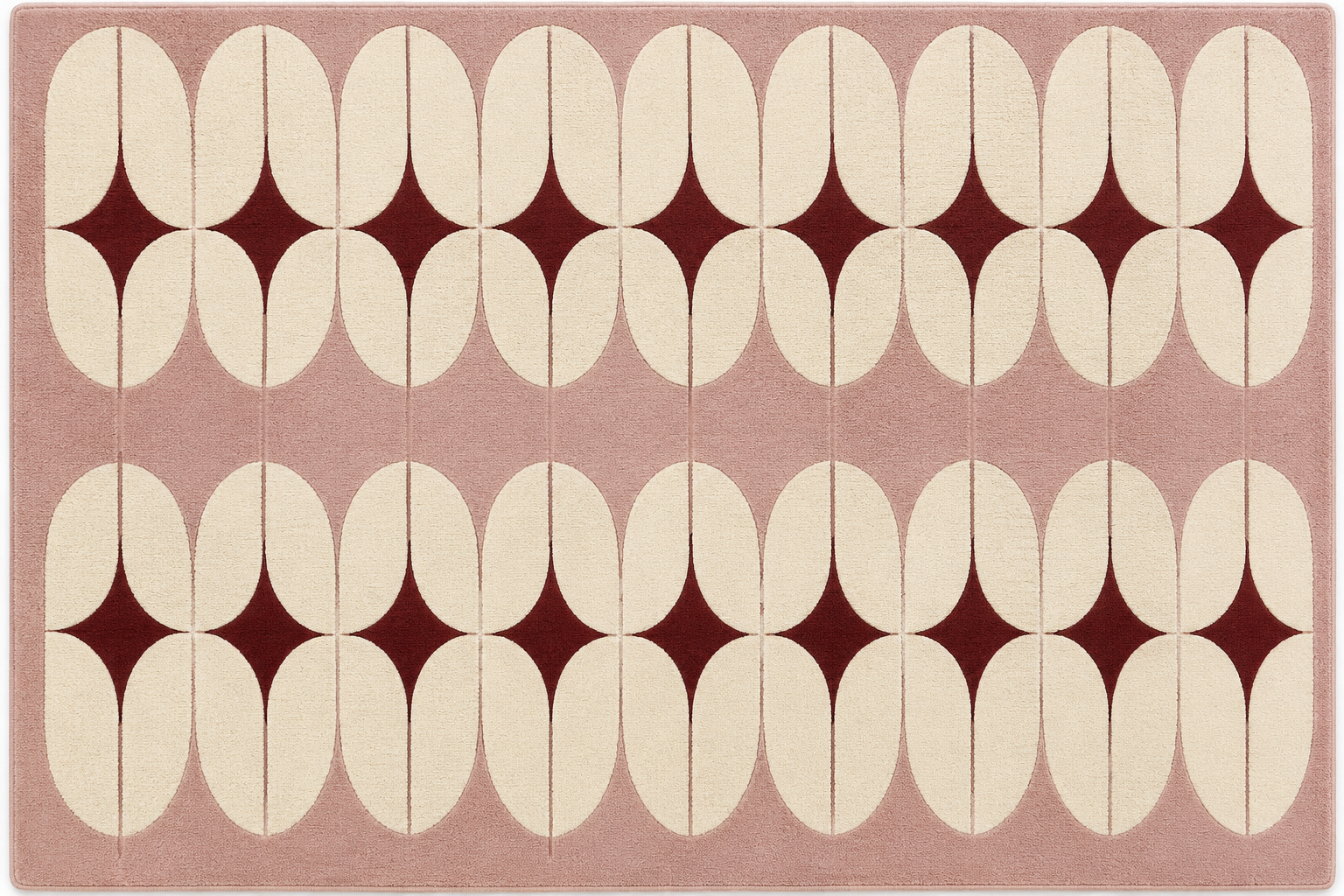 Retro blush geometric area rug with ivory ovals and burgundy stars on a soft pink background.