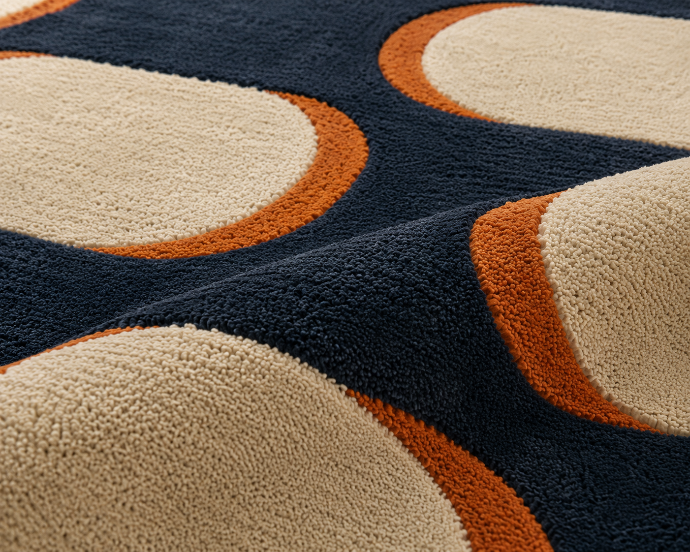 Mid-century modern geometric rug with bold navy, terracotta, and ivory capsule-shaped patterns.