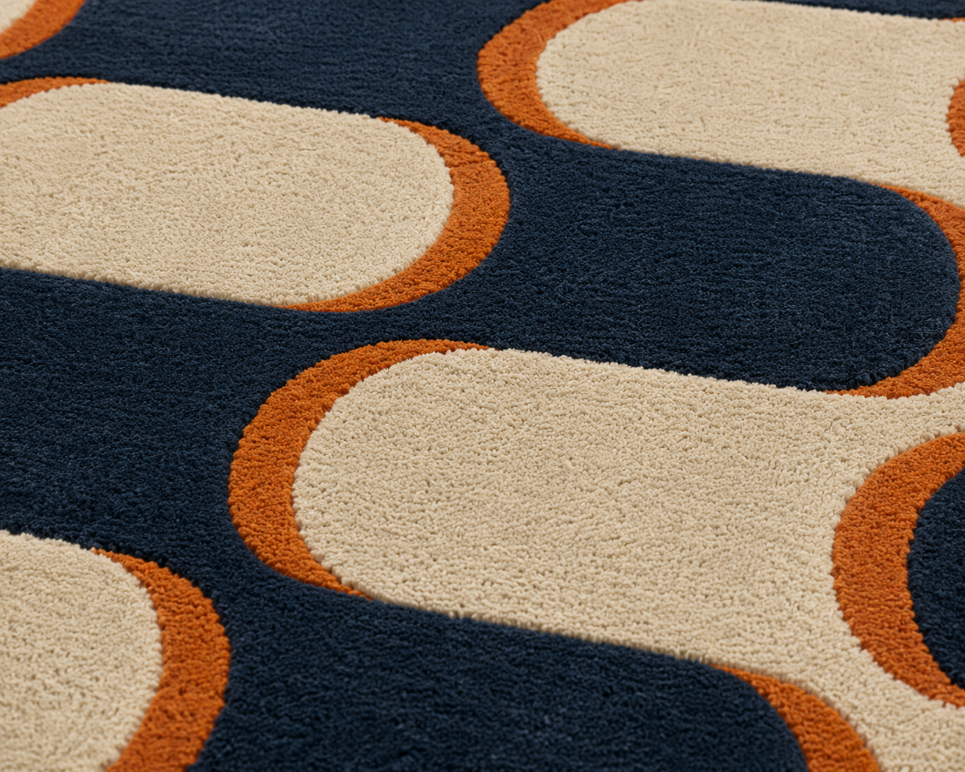 Mid-century modern geometric rug featuring bold capsule shapes in deep navy, terracotta, and ivory colors.