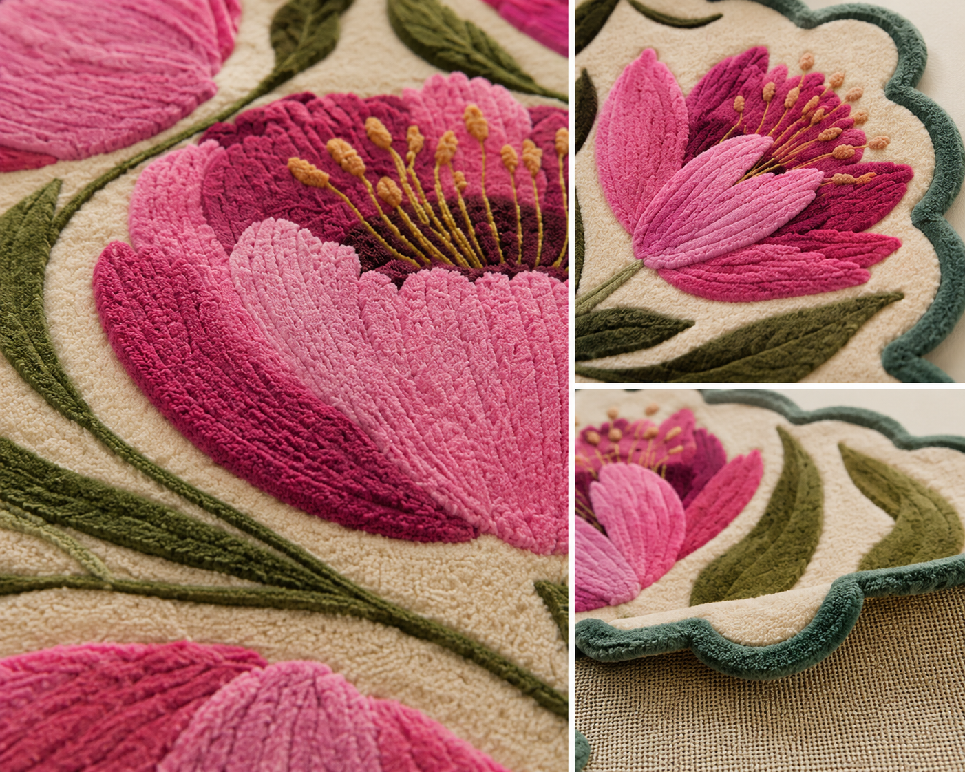 artistic floral garden rug featuring vibrant pink blossoms and green foliage on a soft ivory background