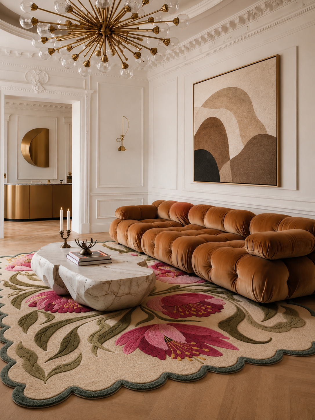 Luxurious artistic floral garden rug in a stylish living room with a modern sofa and elegant decor.
