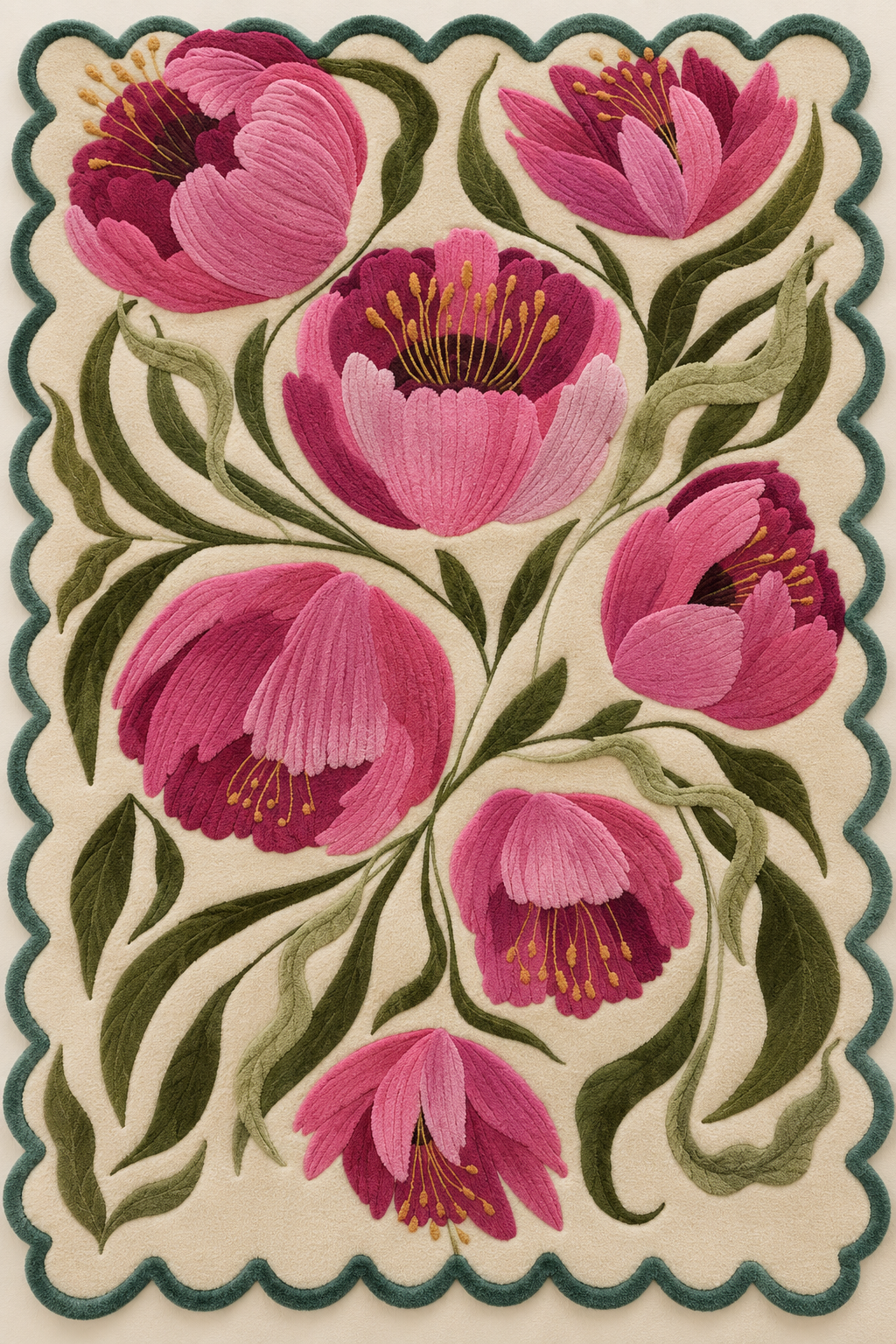 artistic floral garden rug with oversized blossoms in vibrant shades of pink and green foliage on ivory backdrop.
