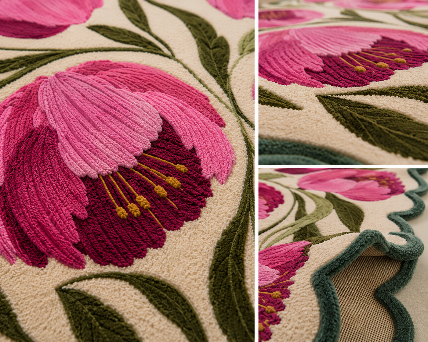 Artistic floral garden rug featuring oversized pink blossoms and flowing sage-green leaves on an ivory backdrop.